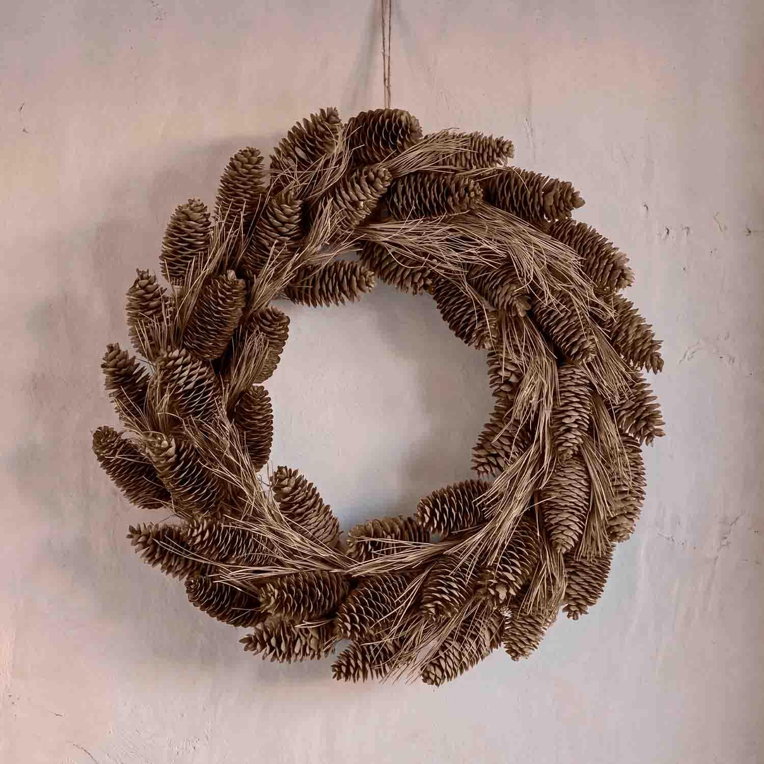 Natuurlijke decoratieve krans van bruine dennenappels en gedroogd gras voor wanddecoratie