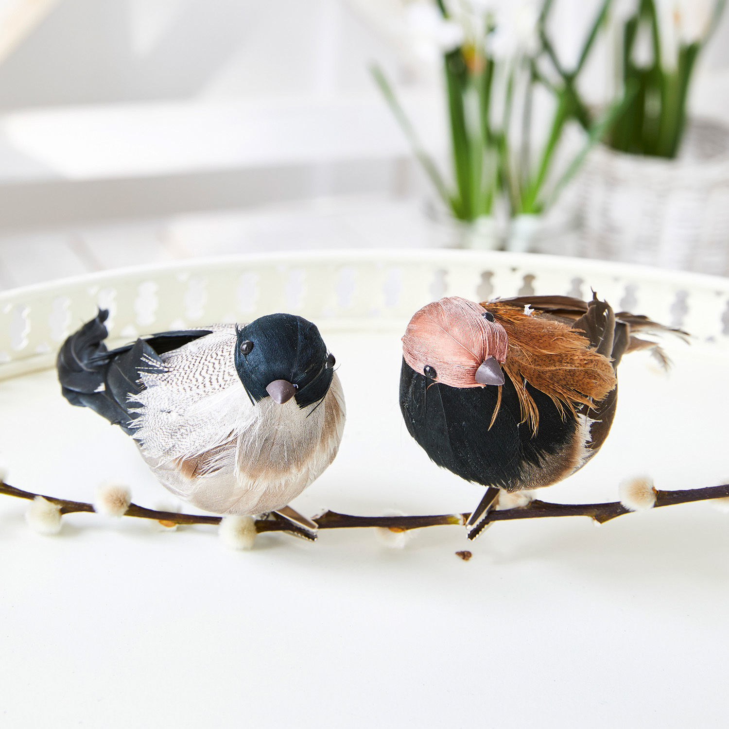 Decoratieve vogels van veren in natuurlijke kleuren op tak, stijlvolle woondecoratie