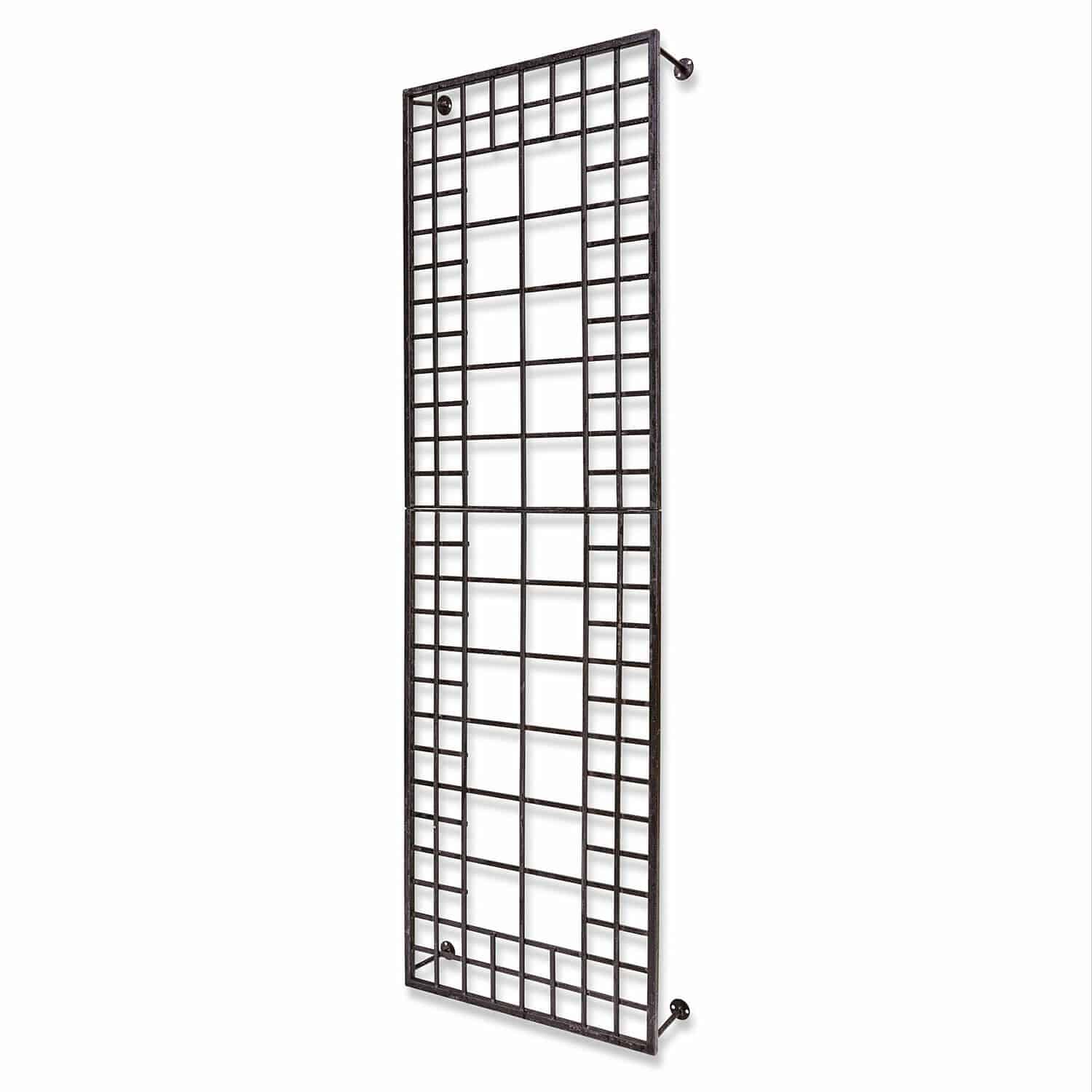 Zwart metalen wandrooster met geometrisch patroon voor decoratie en plantensteun