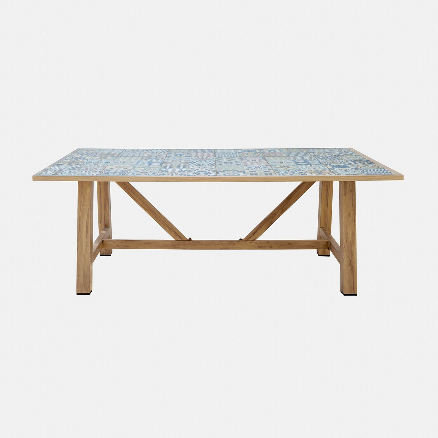 Eettafel Galdorena Tafel met houten onderstel en blauw-wit keramisch tegelblad, eetkamermeubel