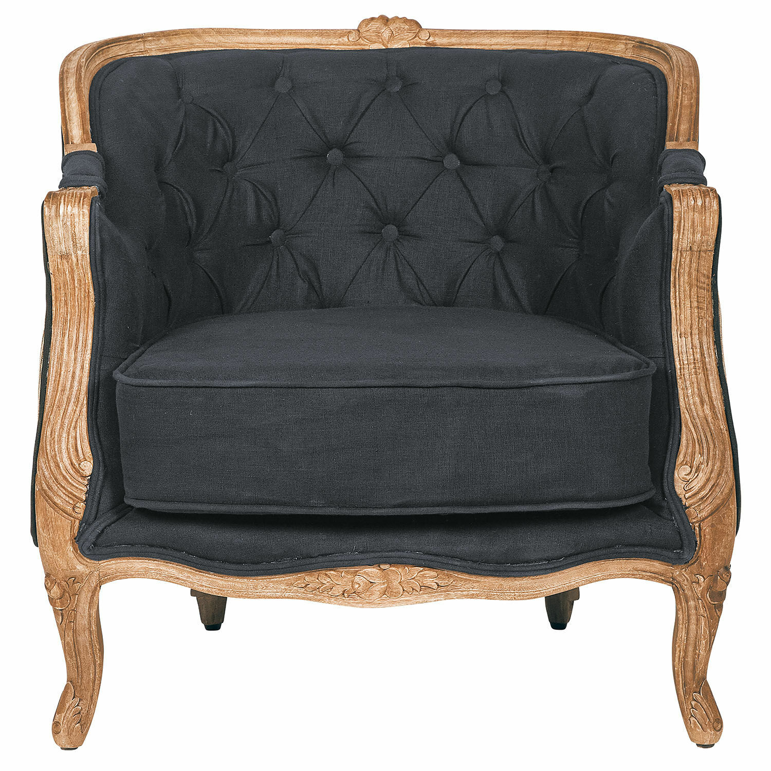 zwart Zwarte Annezay fauteuil van stof met gesneden houten frame, stijlvolle woonkamermeubel
