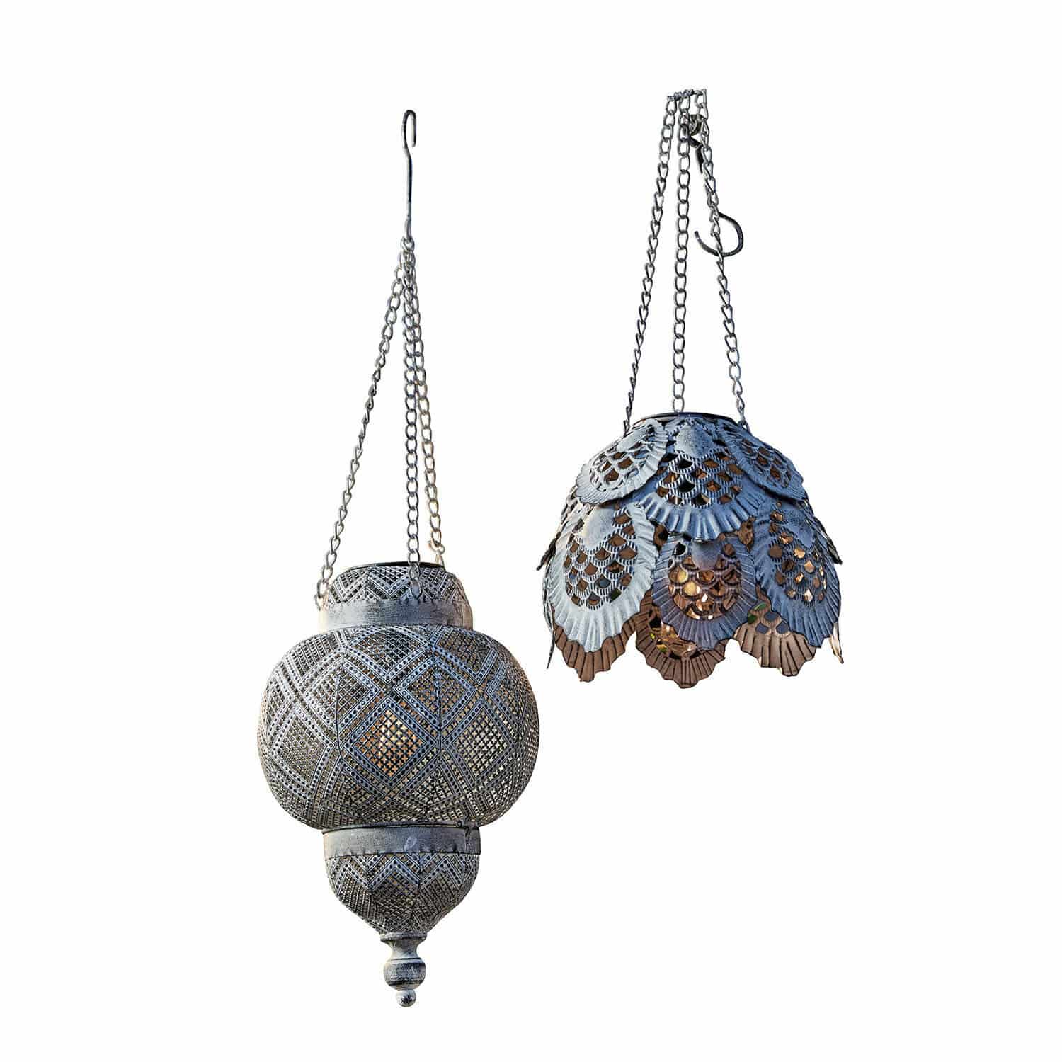 Hanglantaarn op zonne-energie set van 2 Paale Twee hangende lantaarns van grijs geperforeerd metaal, decoratieve verlichting voor binnen en buiten