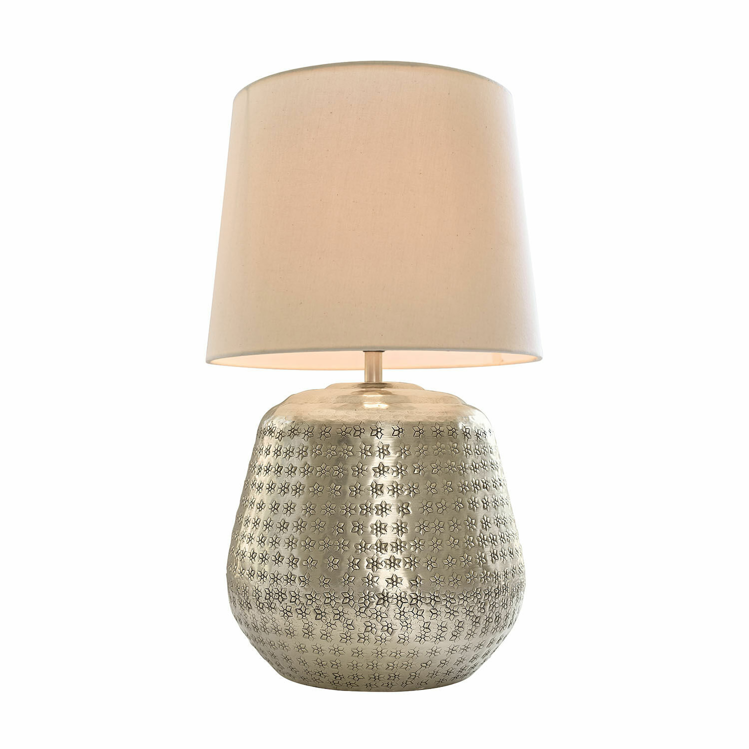 Tafellamp Blancos Tafellamp met zilverkleurige metalen voet met patroon en beige kap, sfeerverlichting voor interieur