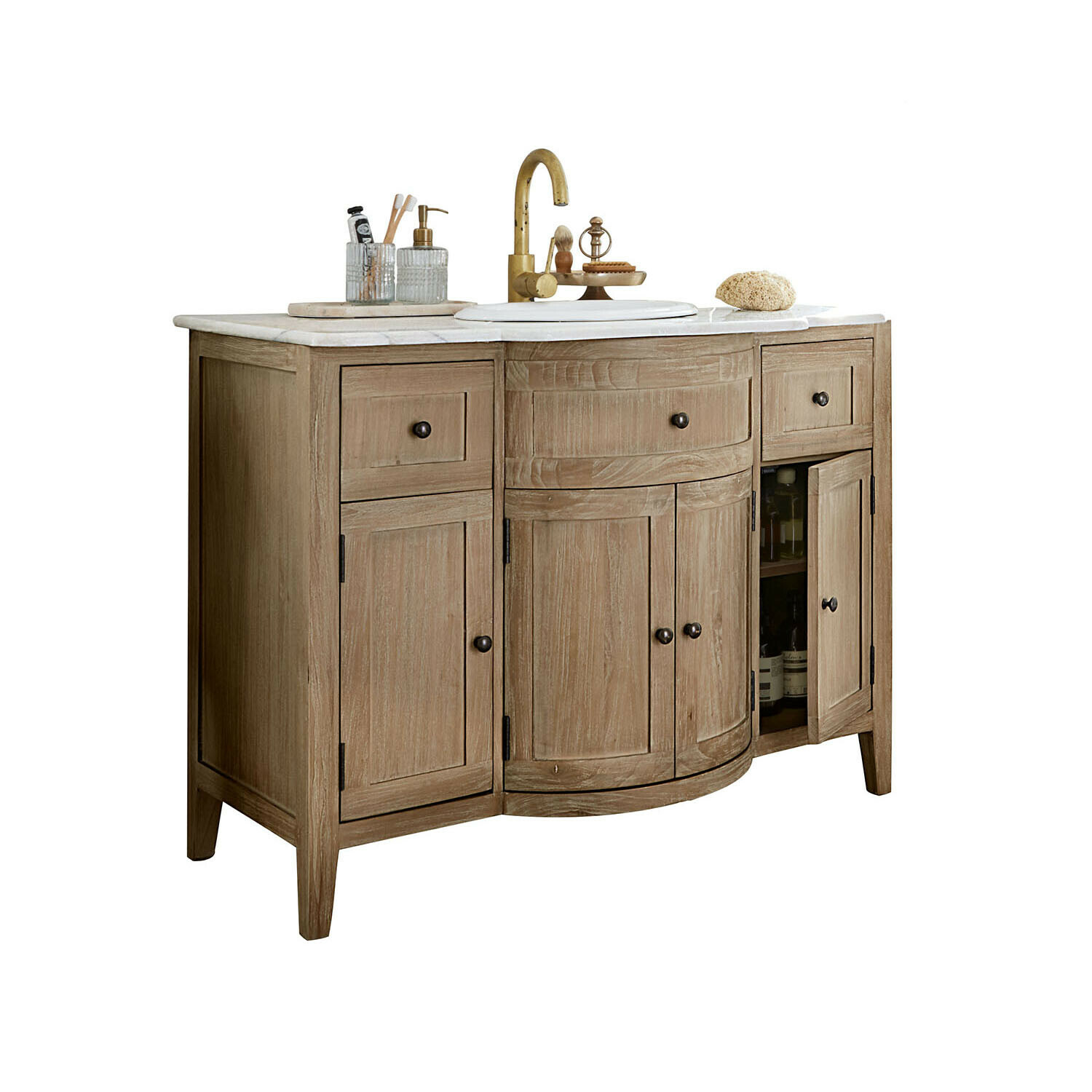 Houten badkamermeubel met marmeren blad en gouden kraan, natuurlijke houtkleur