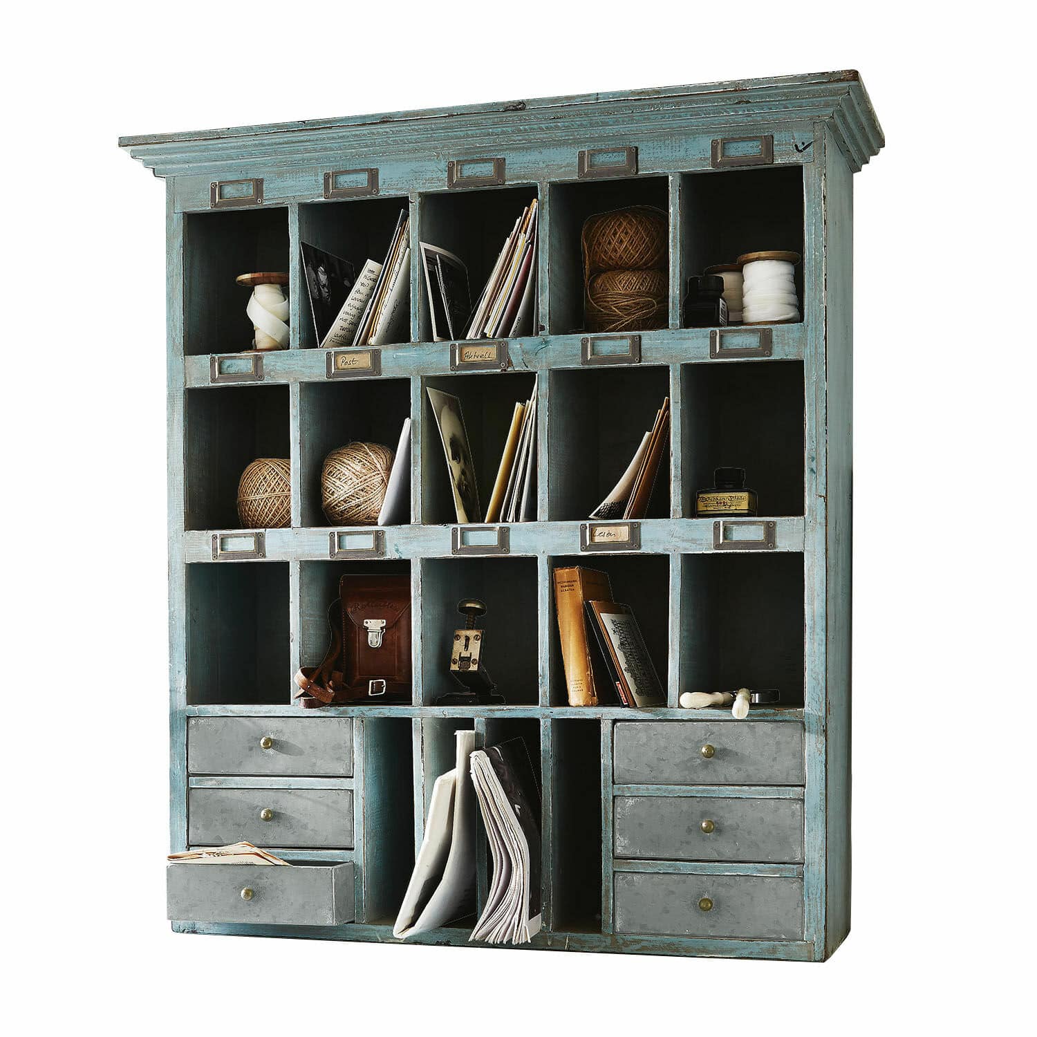 Organizer Andover Blauwe houten kast met meerdere vakken en lades voor het opbergen van documenten en accessoires