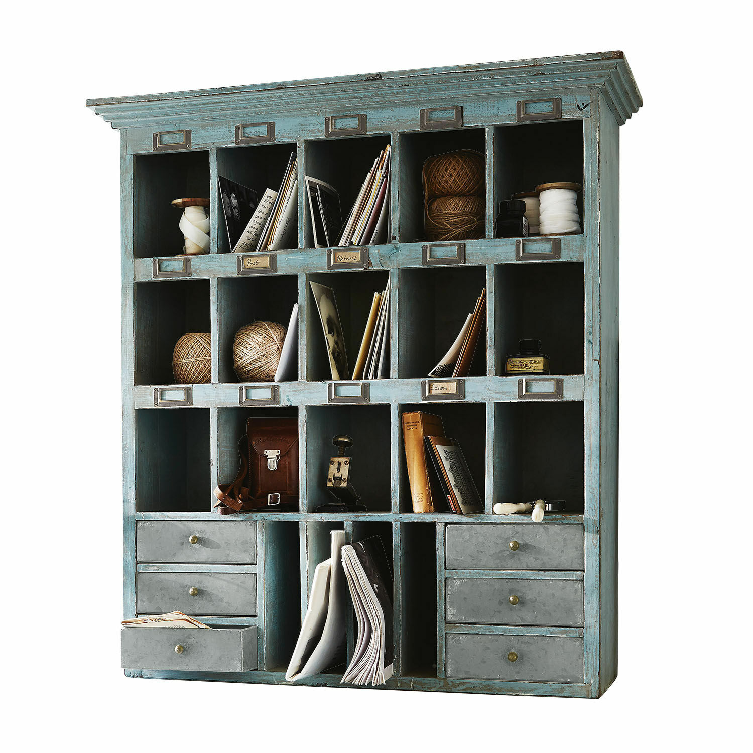Organizer Andover Blauwe houten kast met meerdere vakken en lades voor het opbergen van documenten en accessoires