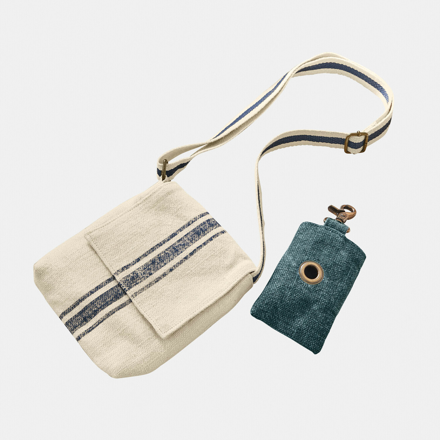 Tasje set van 2 Pawera Beige katoenen schoudertas met blauwe strepen en groen sleutelhoesje met karabijnhaak