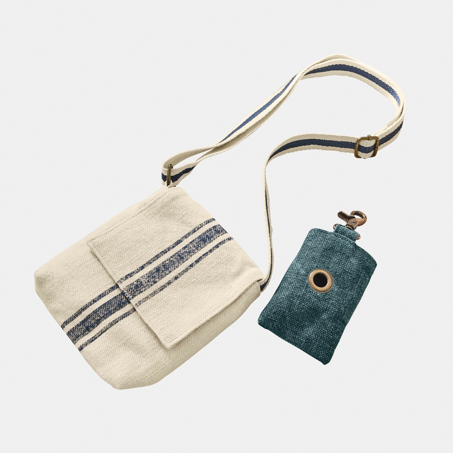 Tasje set van 2 Pawera Beige katoenen schoudertas met blauwe strepen en groen sleutelhoesje met karabijnhaak
