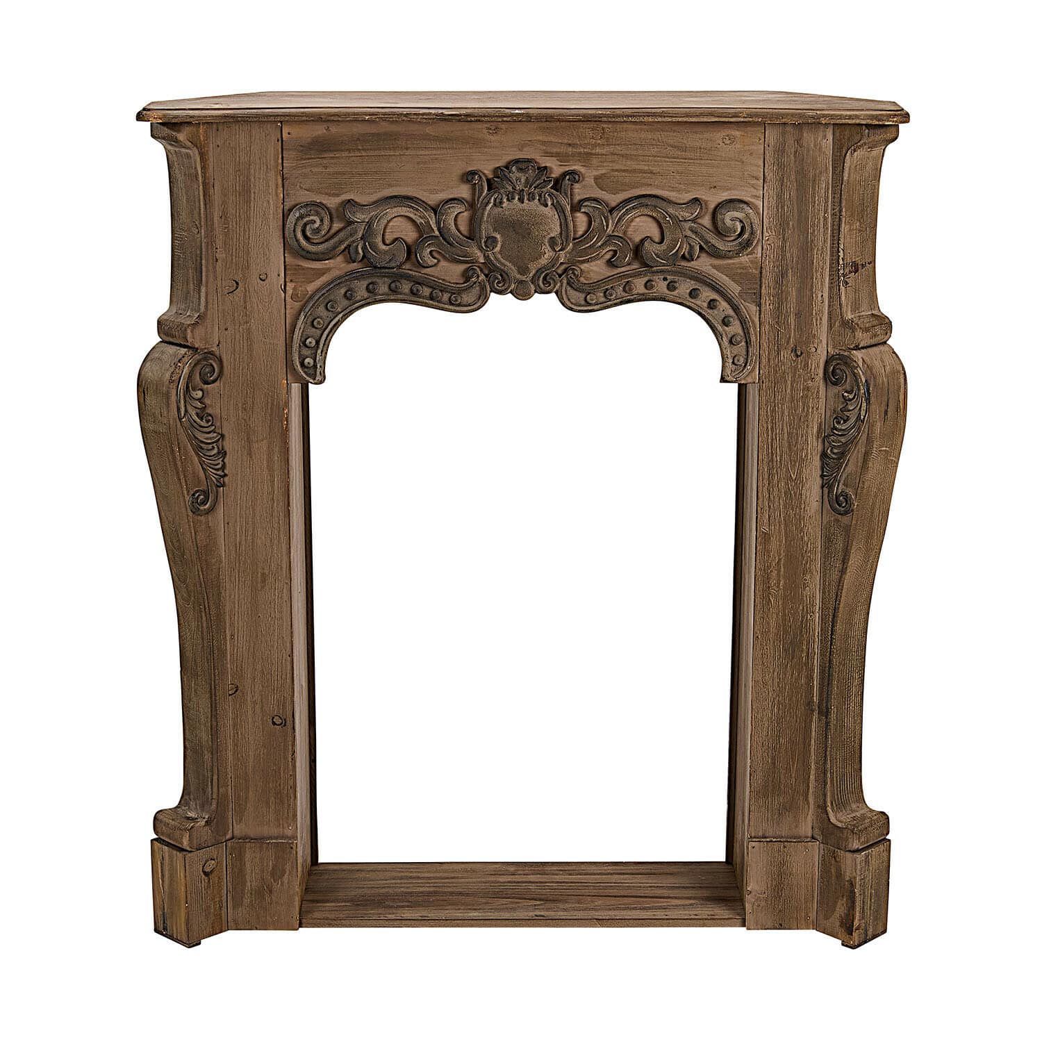 Haardschouw Emporia Rustieke open haardomlijsting van bruin hout met decoratieve houtsnijwerken voor woonkamer