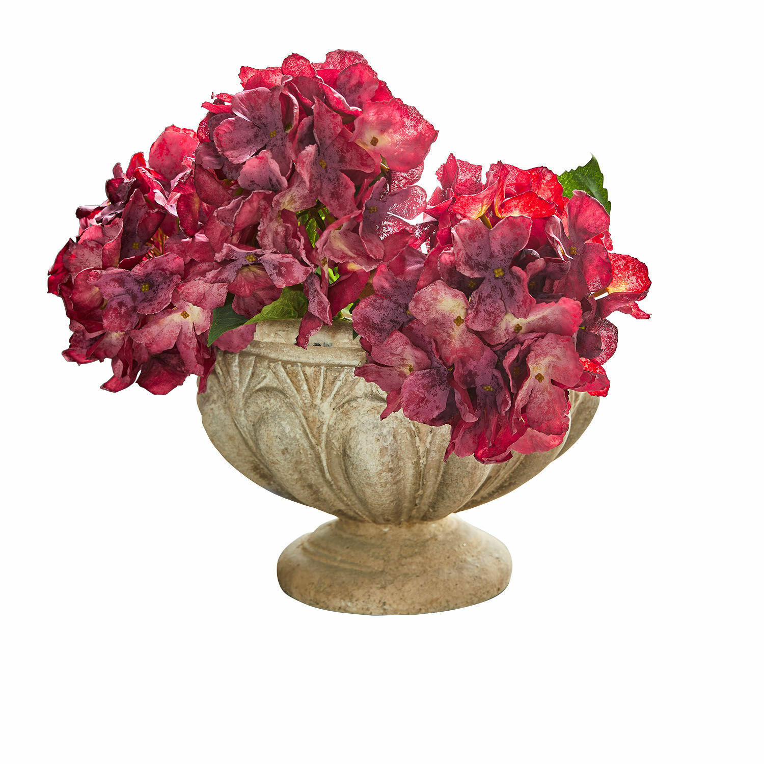 Amfora Orlida Decoratieve stenen schaal met rode hortensia bloemen, woon- en tuindecoratie