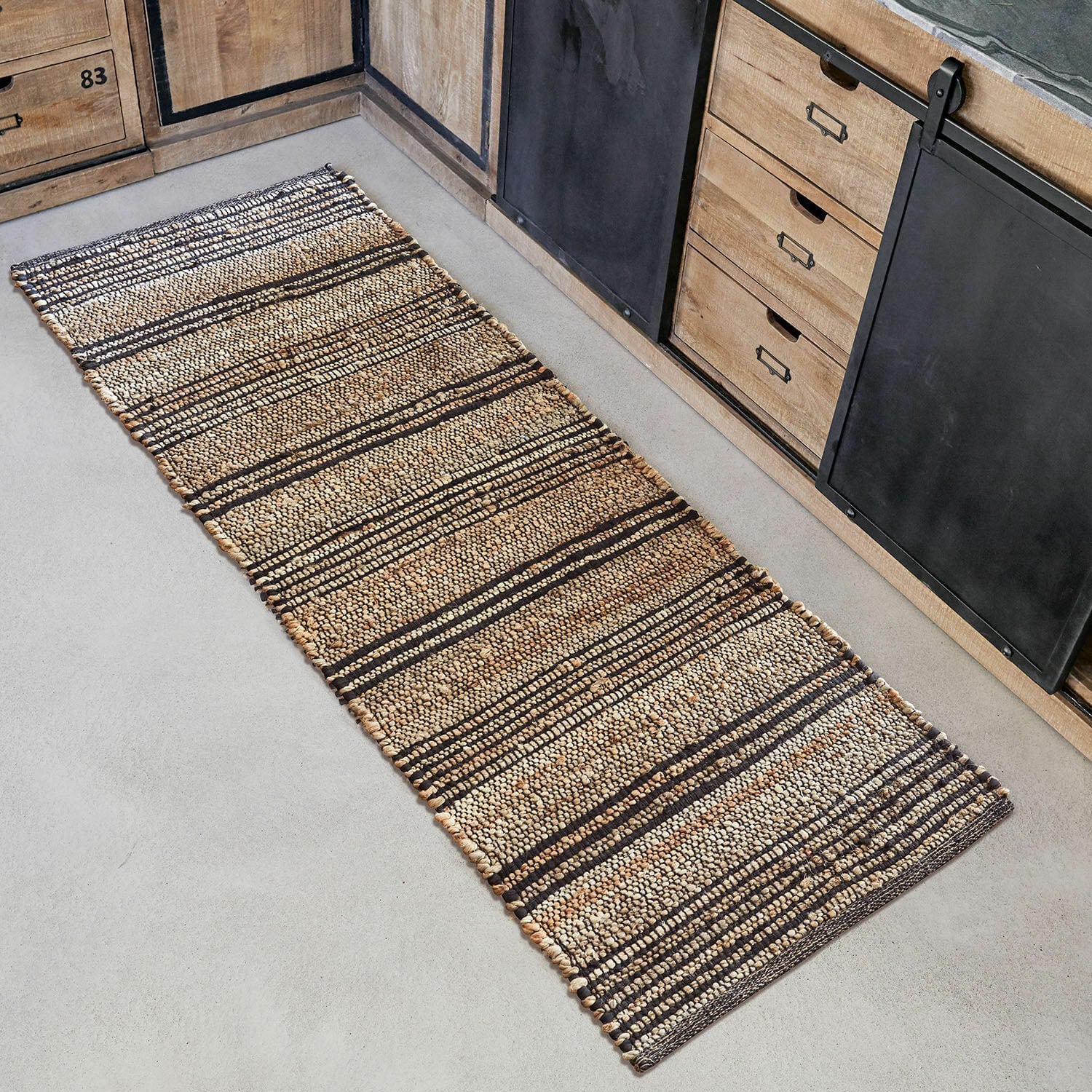 Loper Lantenot Loper van natuurlijk materiaal in beige-bruin gestreept, geschikt voor keuken en woonkamer