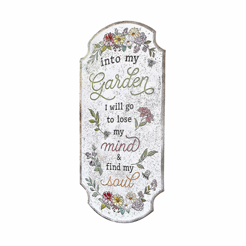 Decoratief tuinbord met tekst en bloemenmotief op witte achtergrond, tuinversiering