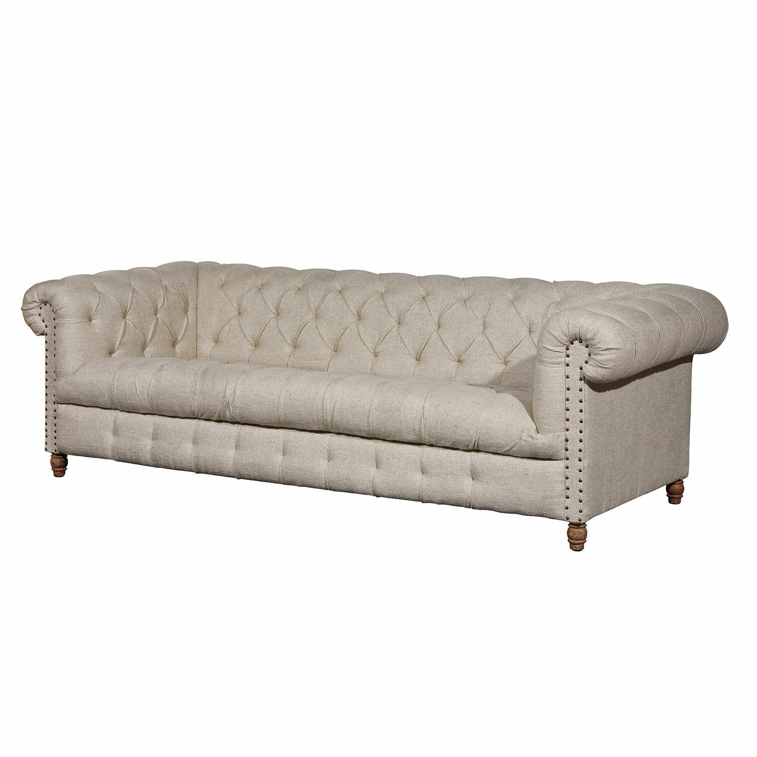 Bank Parpeville Beige Chesterfield stoffen bank met gestikte rugleuning en houten poten voor woonkamer