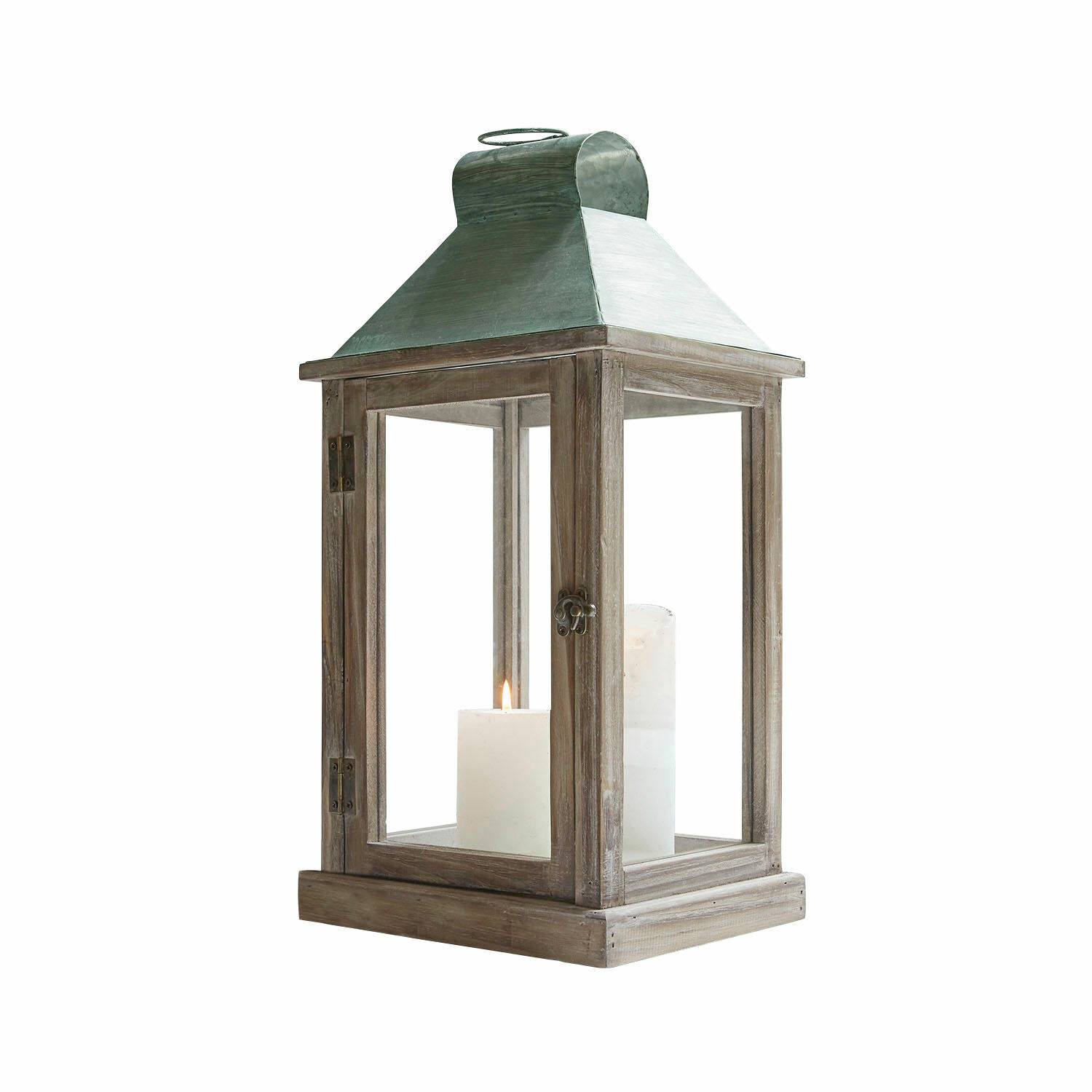 Lantaarn Corte Houten lantaarn met groen metalen dak en witte kaars, decoratie voor binnen en buiten