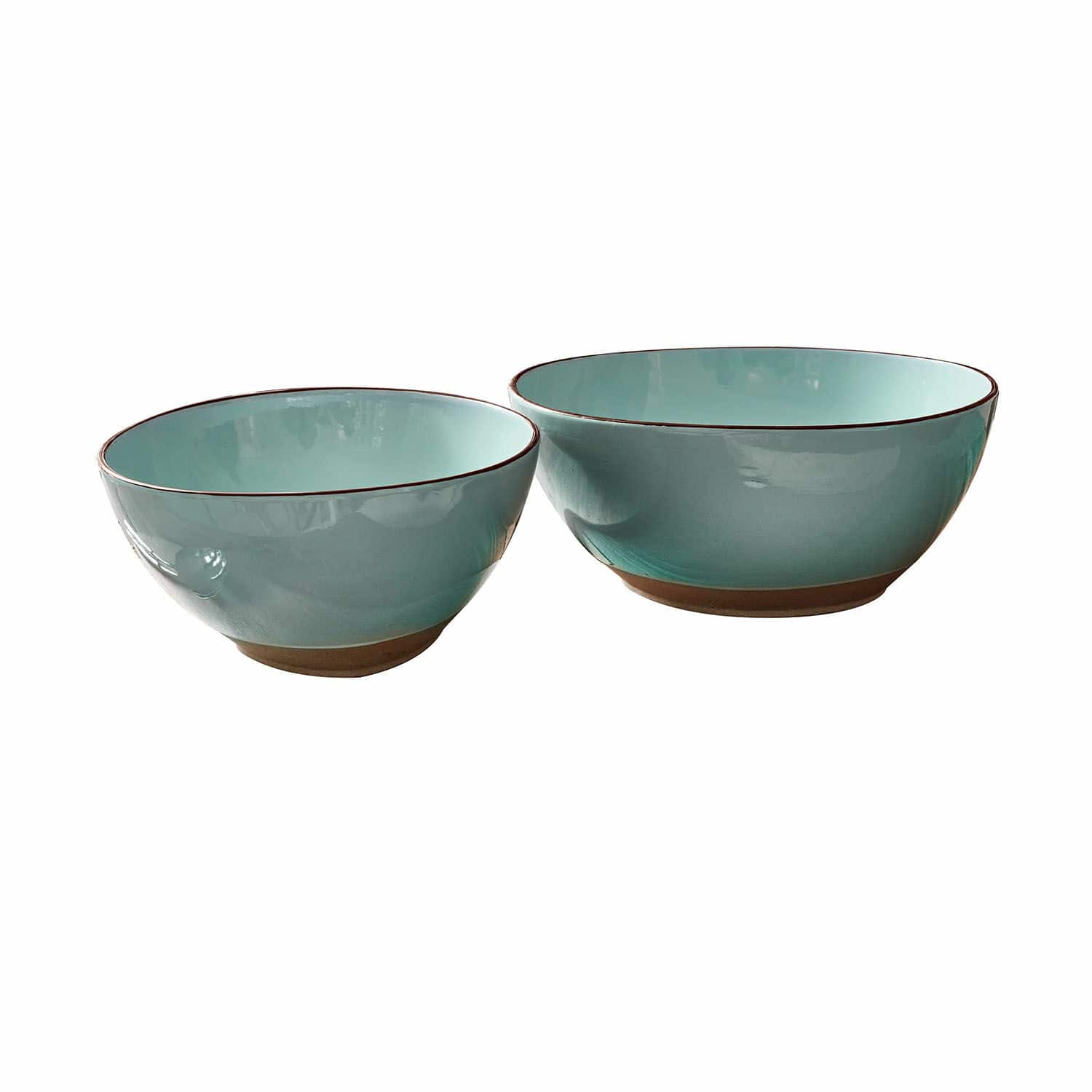 Saladekom set van 2 Biarré Set van twee turquoise keramische kommen met bruine bodem voor het serveren