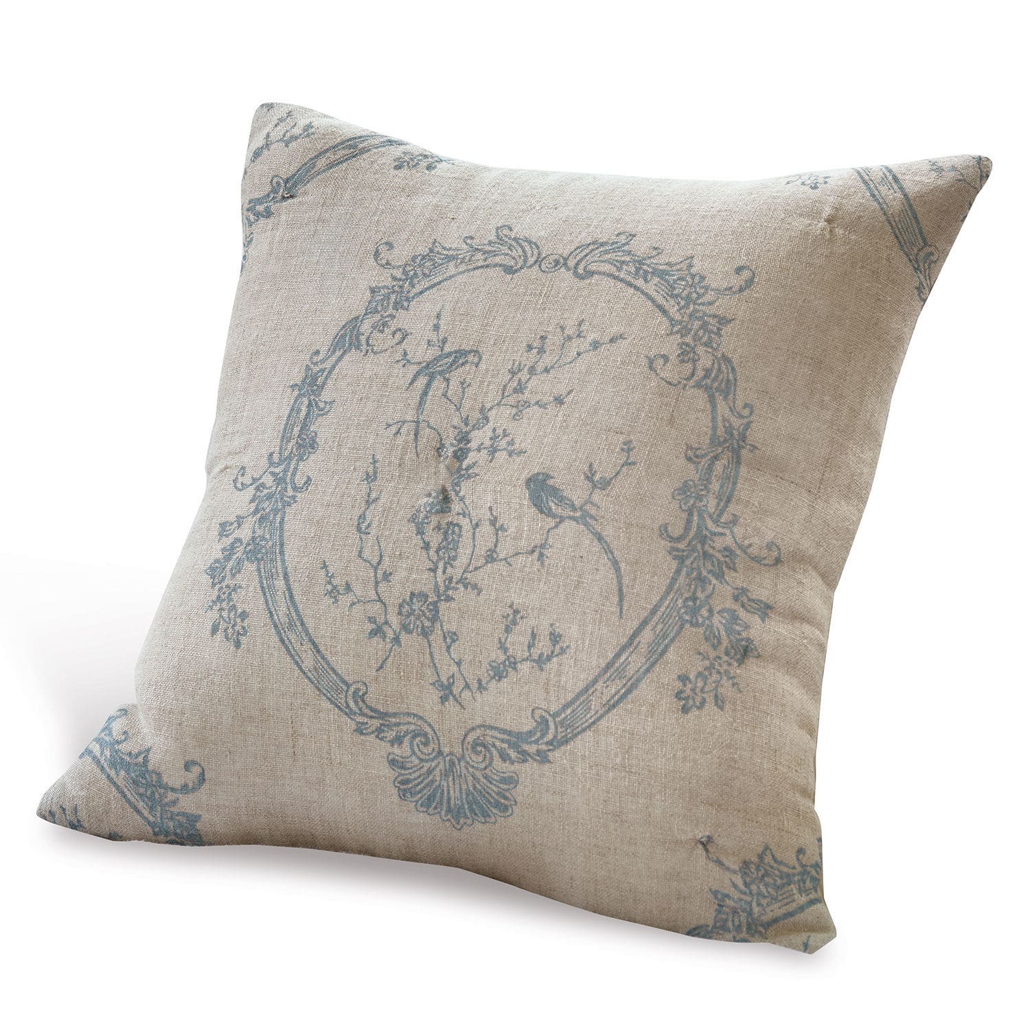 Kussenhoes Decadence Beige linnen kussen met blauw patroon van vogels en planten, decoratief woonaccessoire