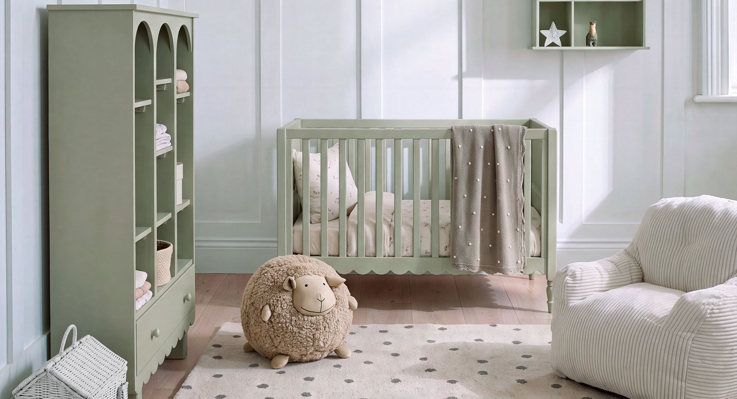 Kinderkamer met groen ledikant, kast en schattige schapenknuffel op gestippeld vloerkleed