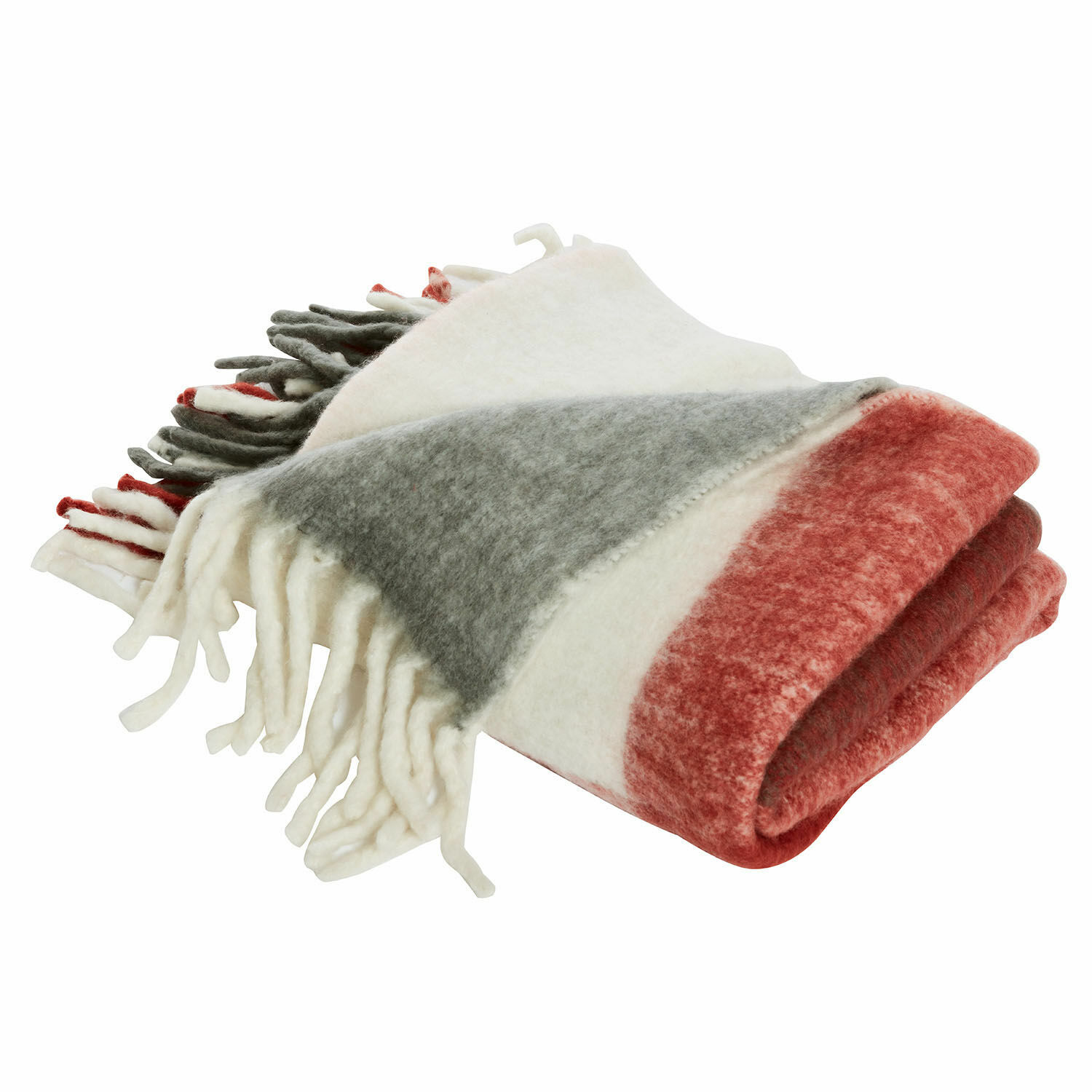 Plaid McGreg Zachte wollen deken in wit, grijs en rood met franjes, perfect voor thuisgebruik