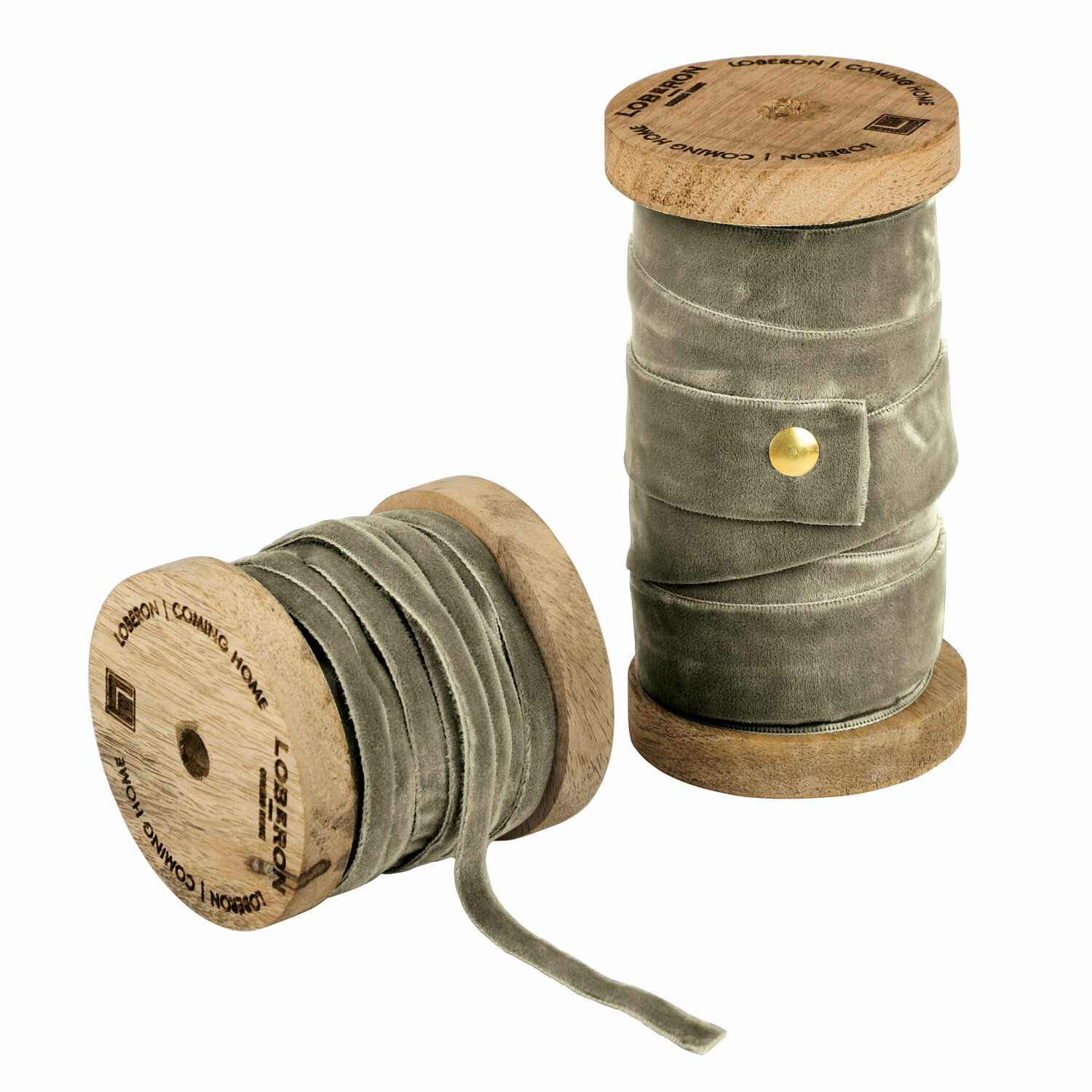 Set van 2 olijfgroene fluwelen linten op houten spoelen voor decoratie en knutselen