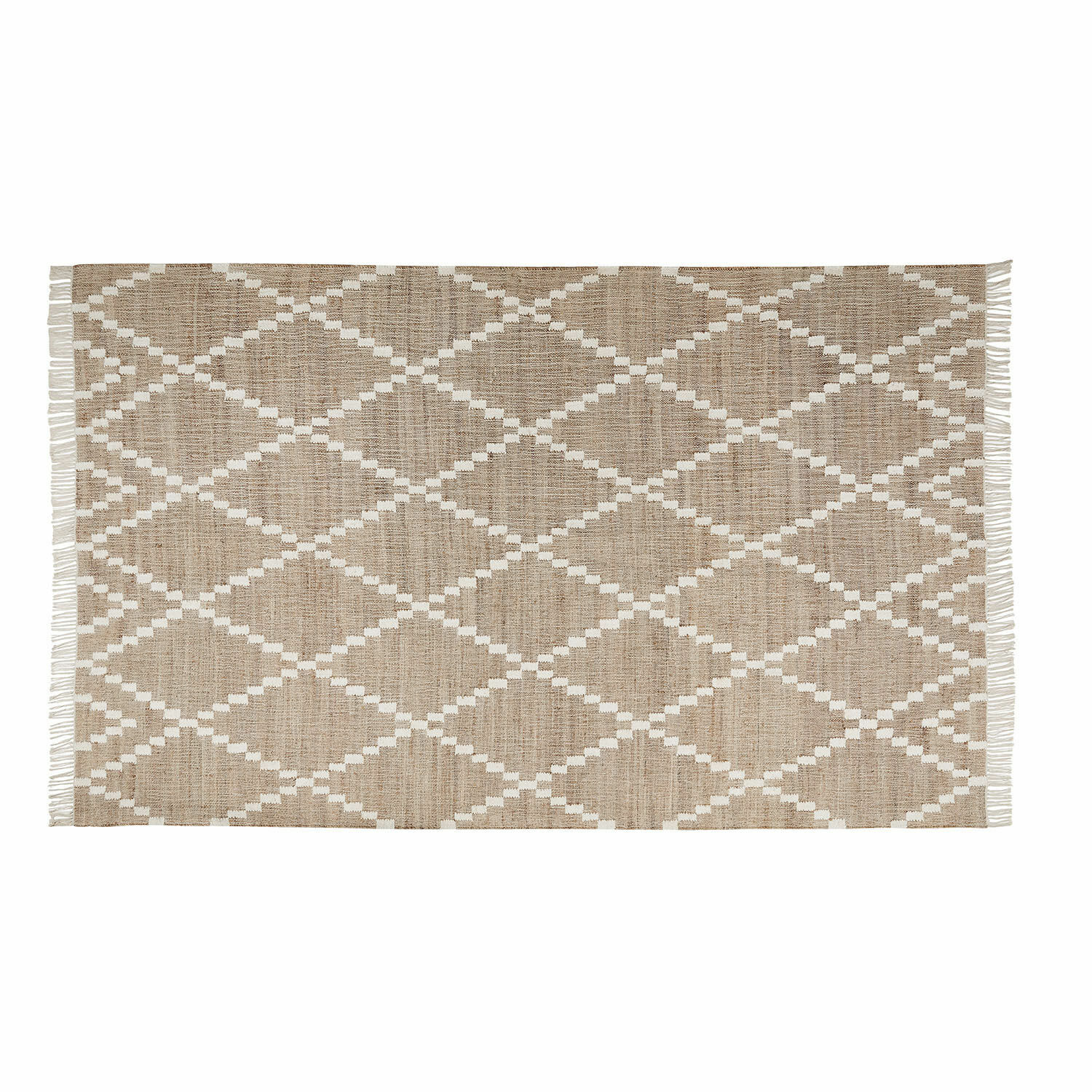 Beige vloerkleed met geometrisch patroon en franjes, gemaakt van natuurlijk materiaal, woondecoratie