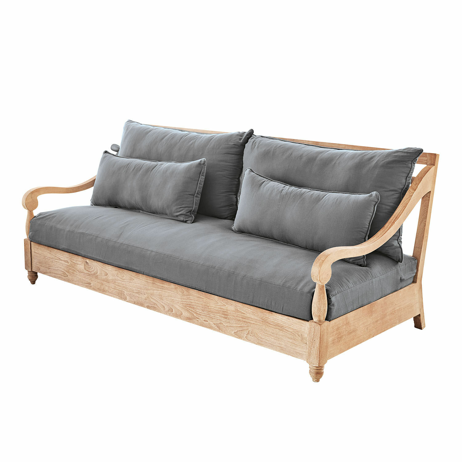 Bank Montcassin Bank van licht hout met grijze kussens, comfortabele woonkamermeubel van natuurlijke materialen