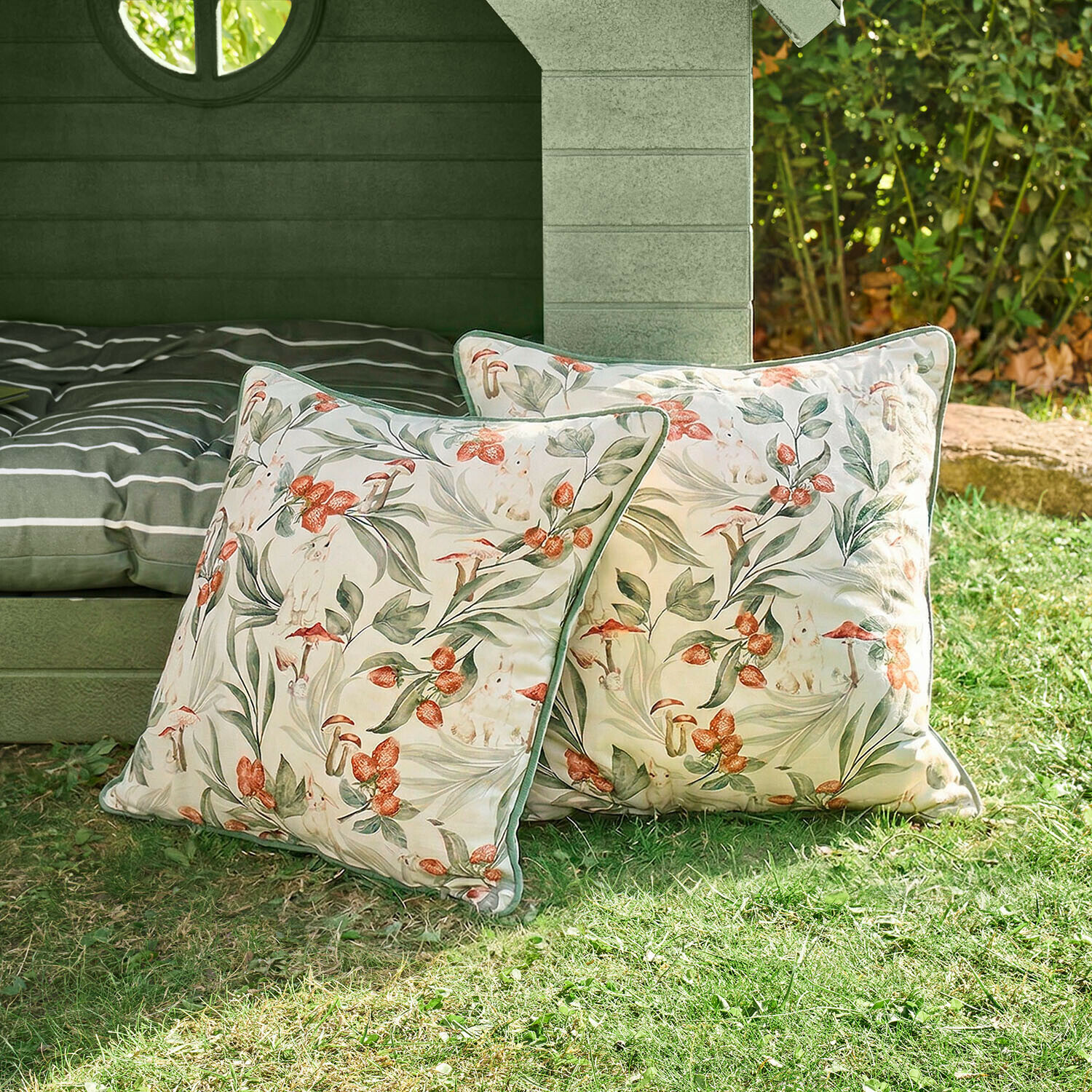 Kussenhoes set van 2 Hoplet Katoenen tuinkussens met blad-, paddenstoel- en konijnenprint, decoratief en comfortabel om te ontspannen