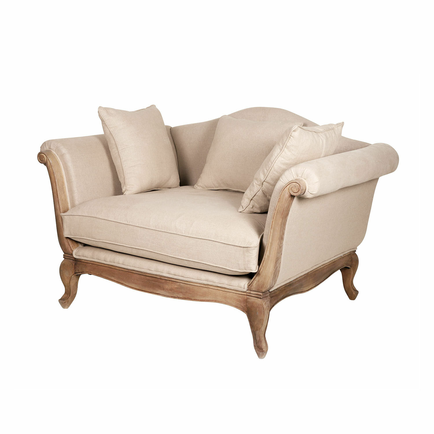 linnen/antiekbruin Bank Sumerset met beige stof en antiekbruin houten frame, comfortabele woonkamermeubel