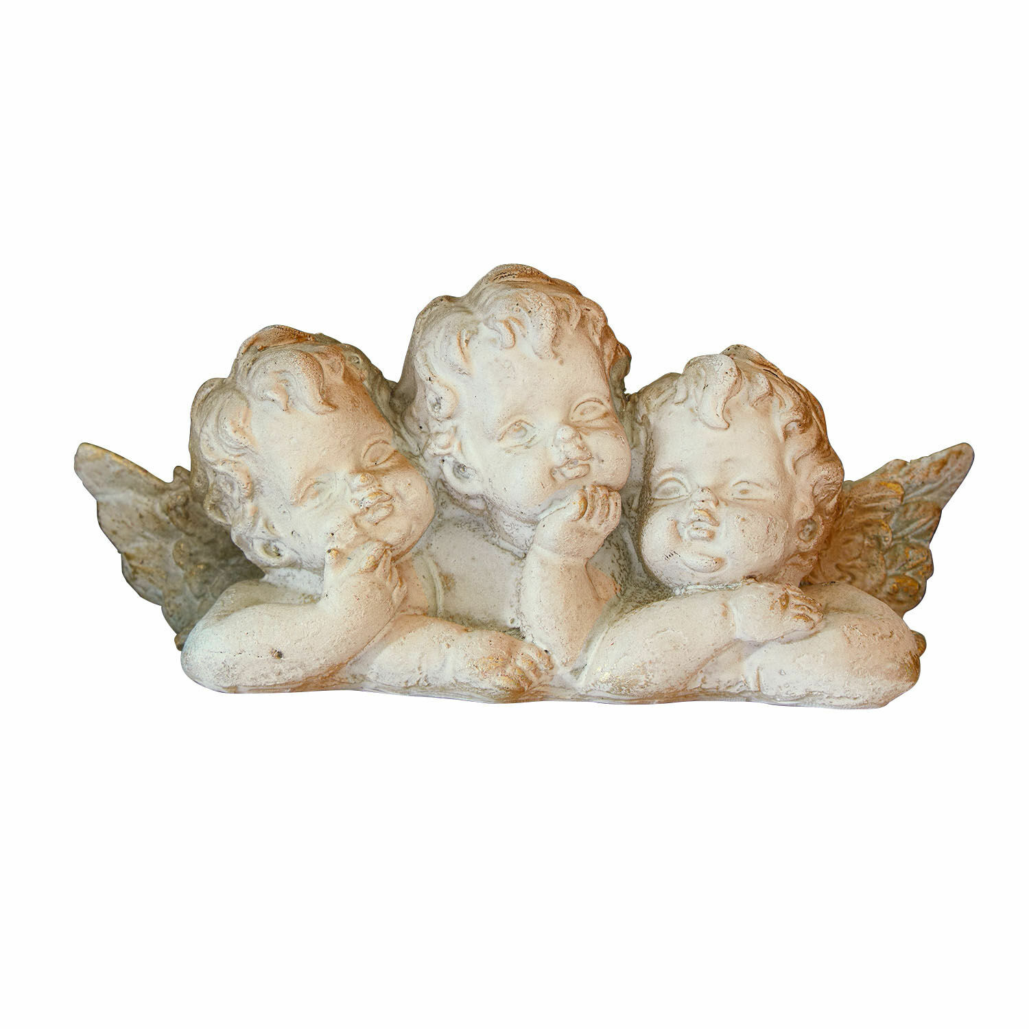 Beeld van drie witte keramische engelen met antiek effect, decoratie voor huis en tuin