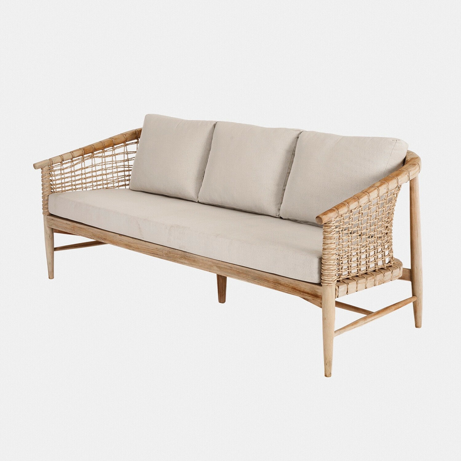 Bank Roselva Bank van natuurlijk hout met beige kussens en gevlochten zijkanten, comfortabele woonkamermeubel