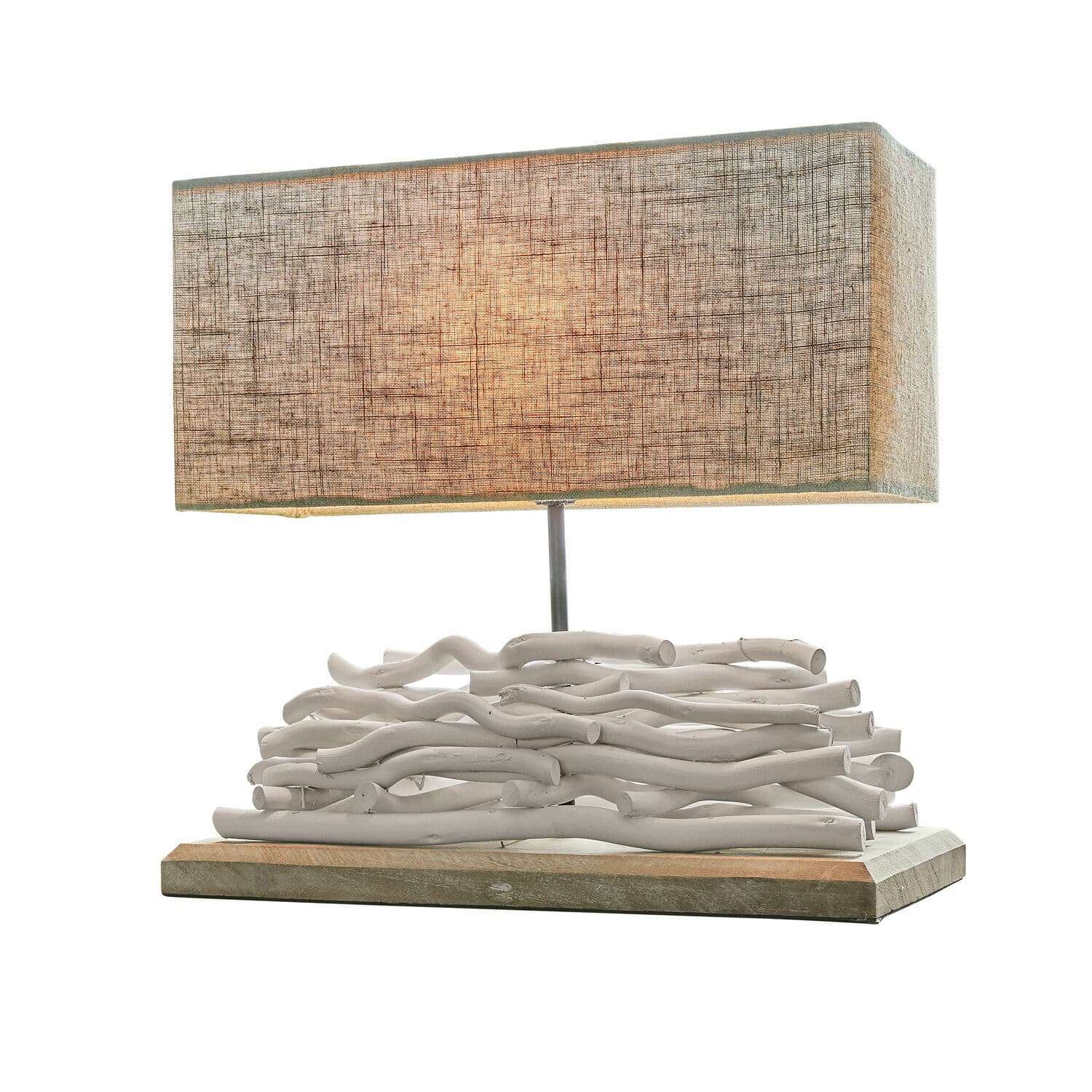 Tafellamp Caribou Tafellamp van wit hout met beige stoffen kap in rustieke stijl