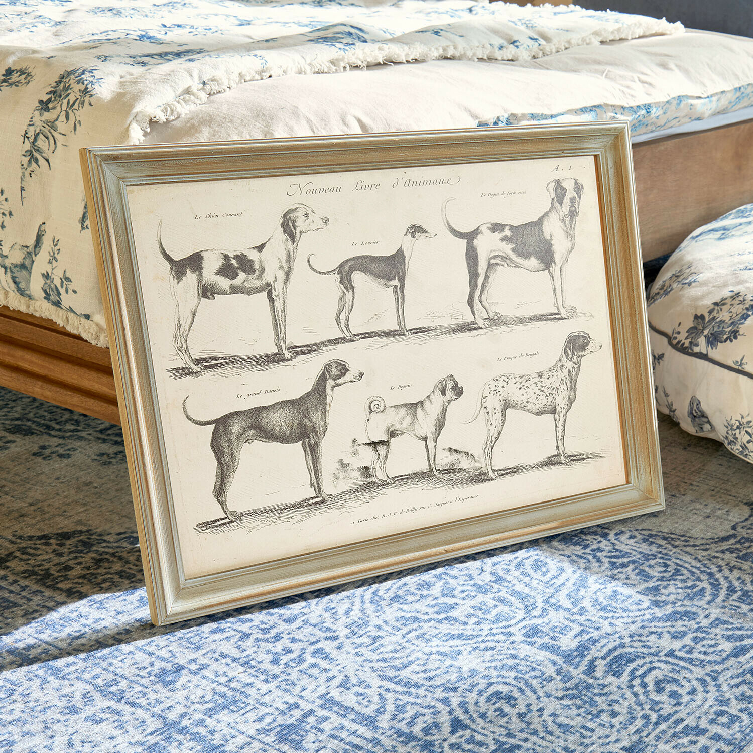Afbeelding Wendrel Ingelijst schilderij met vintage tekeningen van zes hondenrassen op beige achtergrond op blauw tapijt