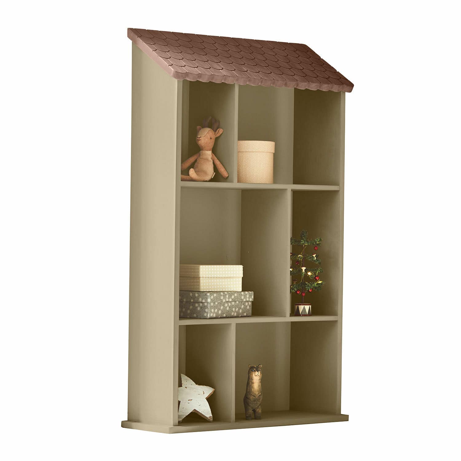 Wandrek Zerith Beige houten kast in huisvorm met bruin dak en kerstdecoraties