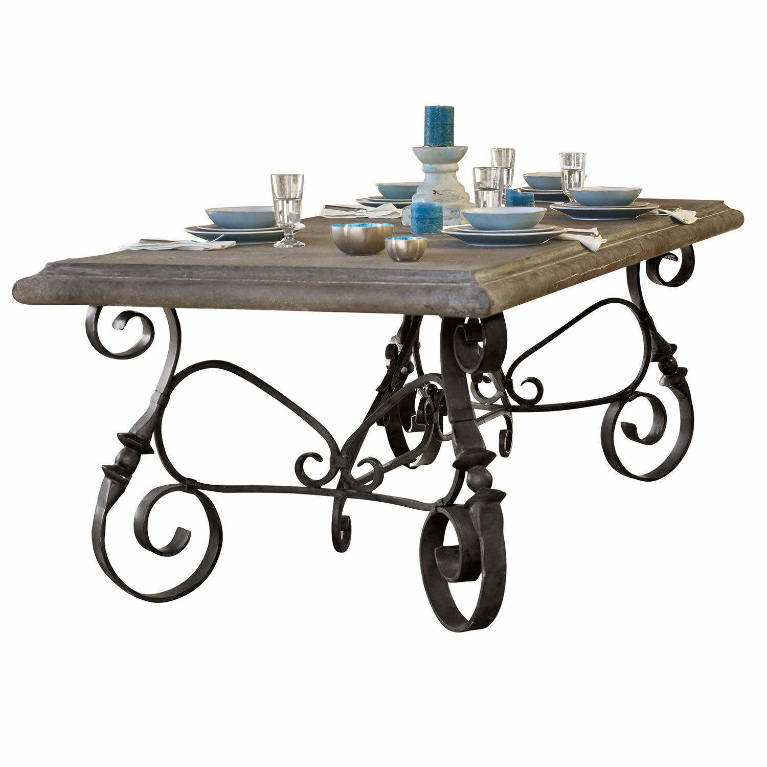 Tafel Bréhéville Tafel met stenen blad en decoratieve metalen poten in vintage stijl voor eetkamer