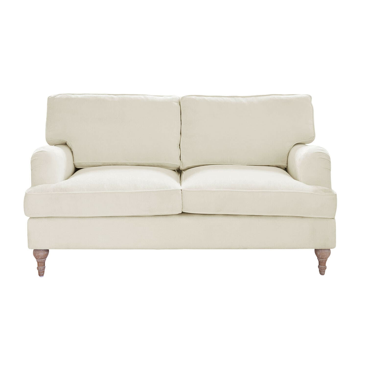 Crèmekleurige Elvika bank van zachte stof met houten poten, comfortabel voor woonkamer