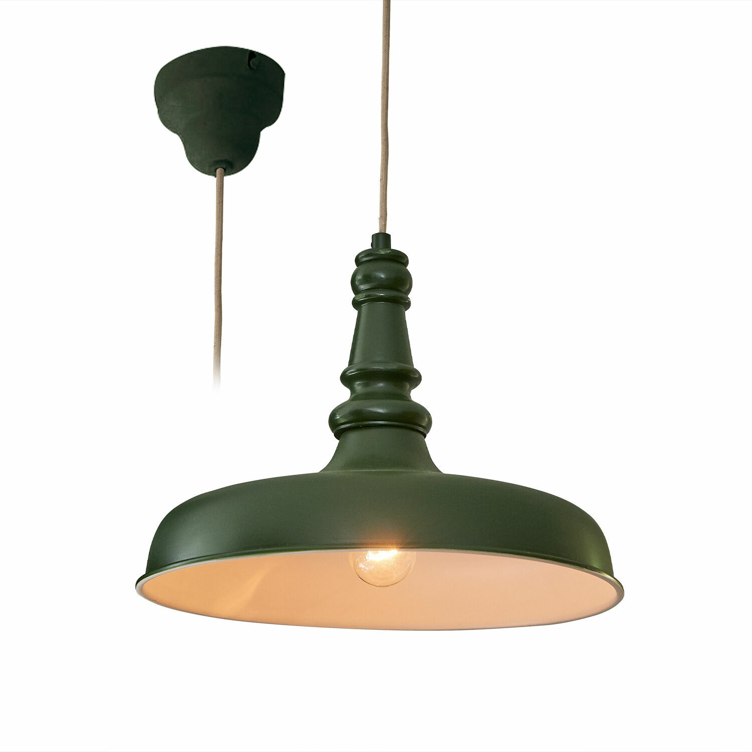 donkergroen Groene metalen hanglamp Camryn met lichte binnenkant, stijlvolle plafondlamp voor woonkamer