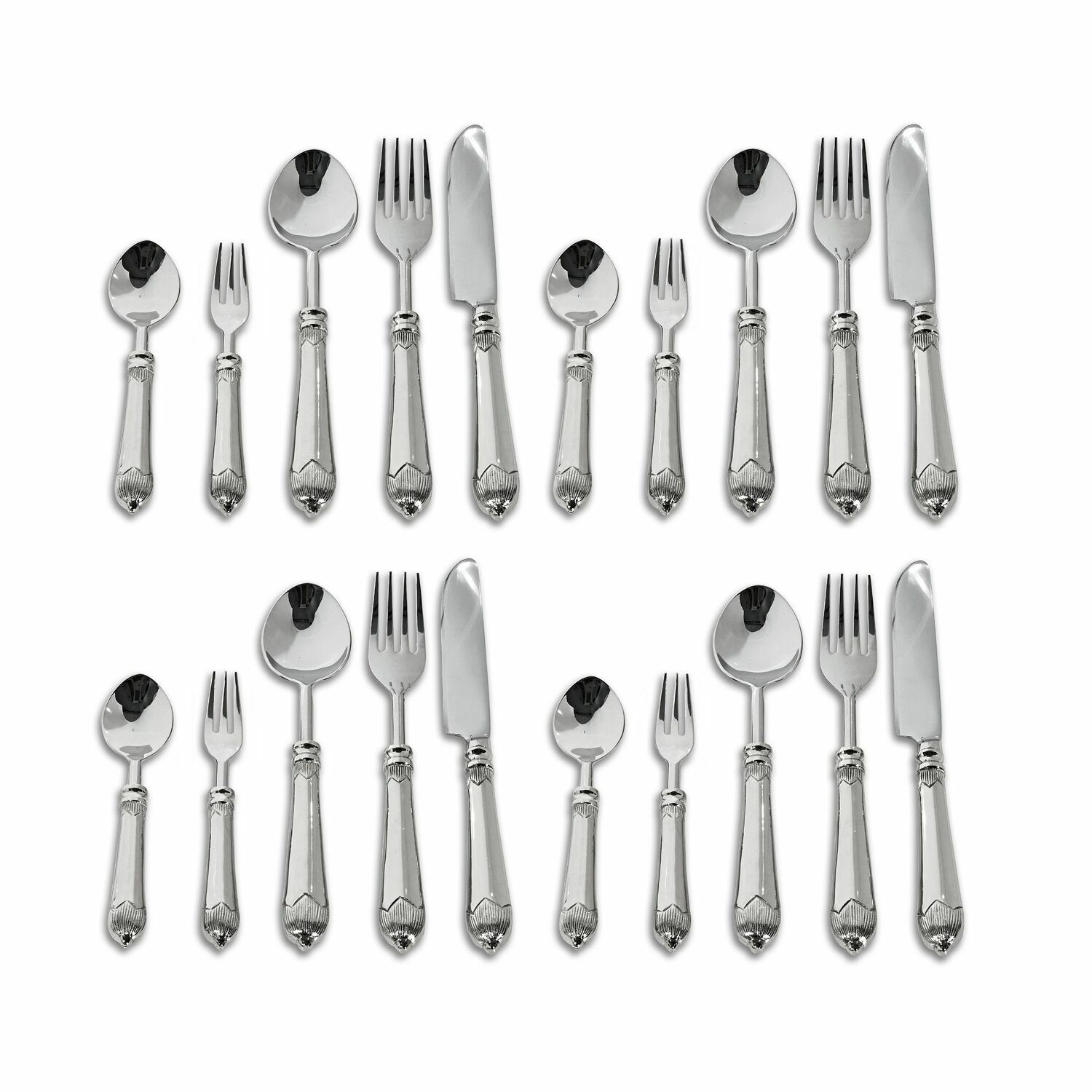 Bestek Gasharba Set zilverkleurig roestvrijstalen bestek met decoratieve handgrepen voor een elegante tafel.