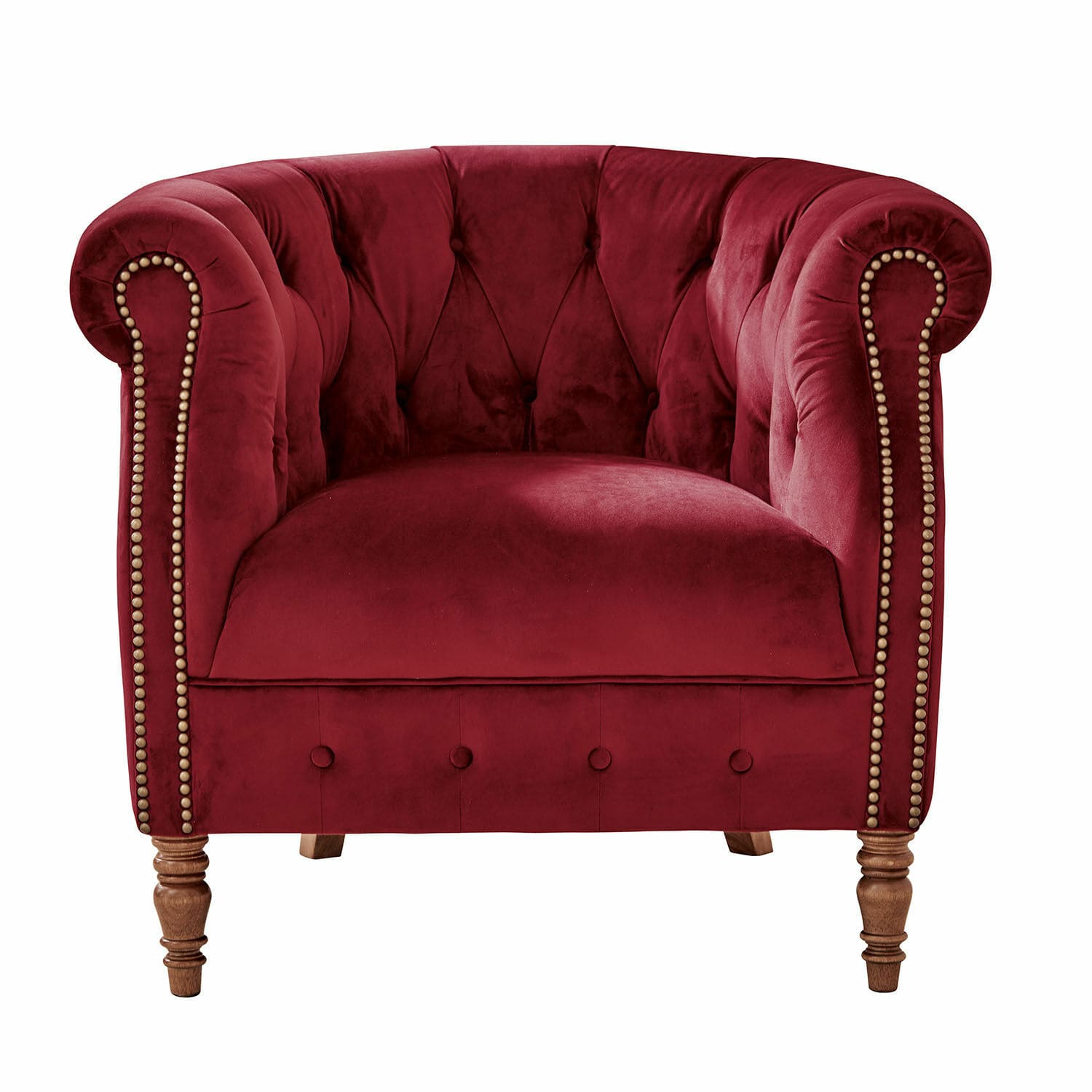 Gates Mills fauteuil van rode fluweel met houten poten en decoratieve nagels in vintage stijl
