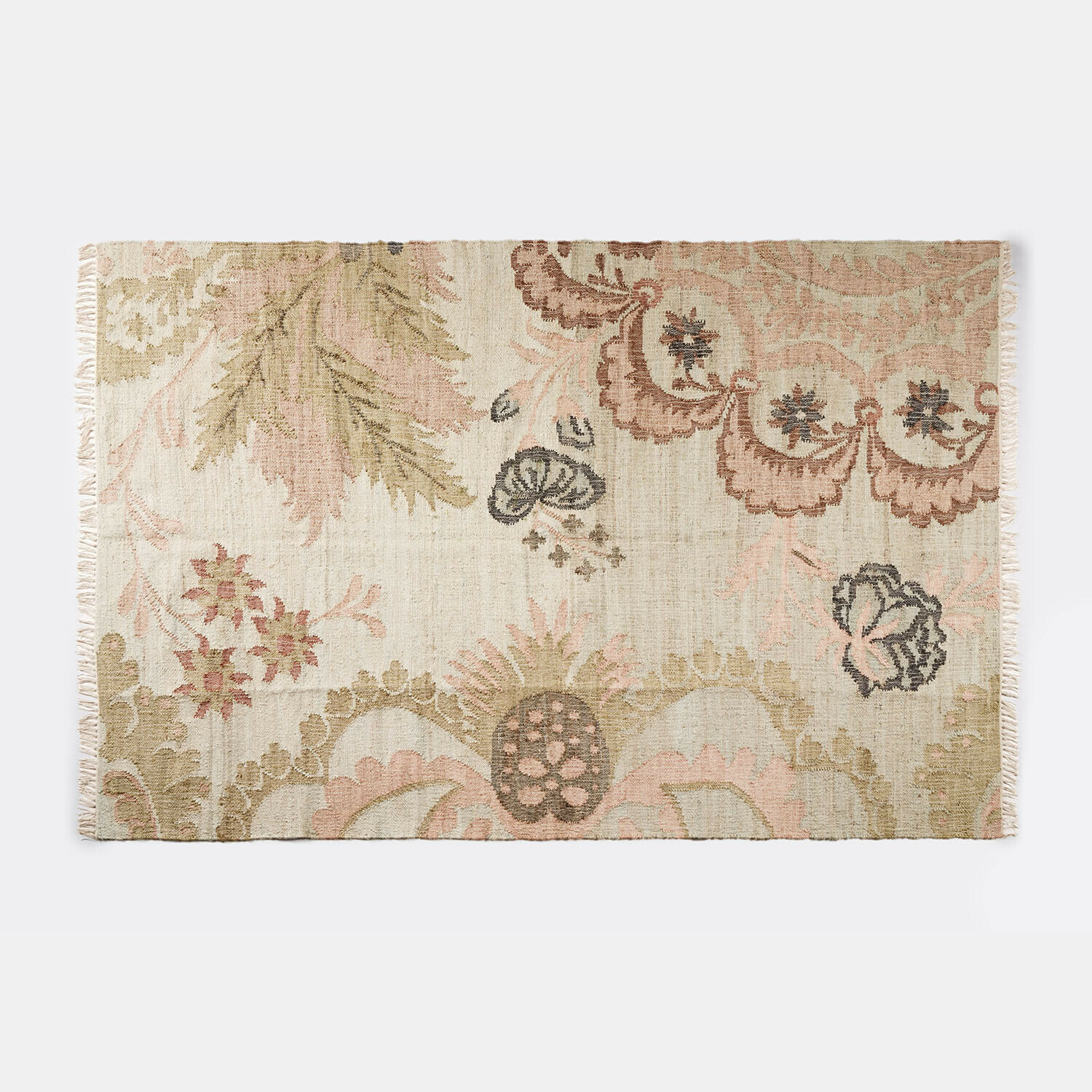 Katoenen vloerkleed met pastelroze en beige bloemenpatroon, decoratief en zacht