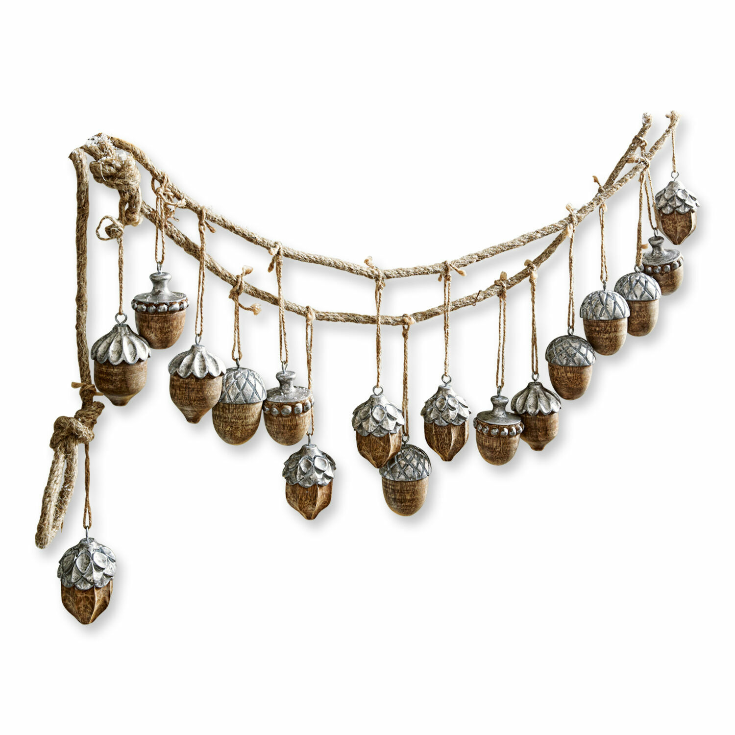 Guirlande Morneau Decoratieve slinger van houten eikels met metalen doppen aan juten touw, natuurlijke kleur