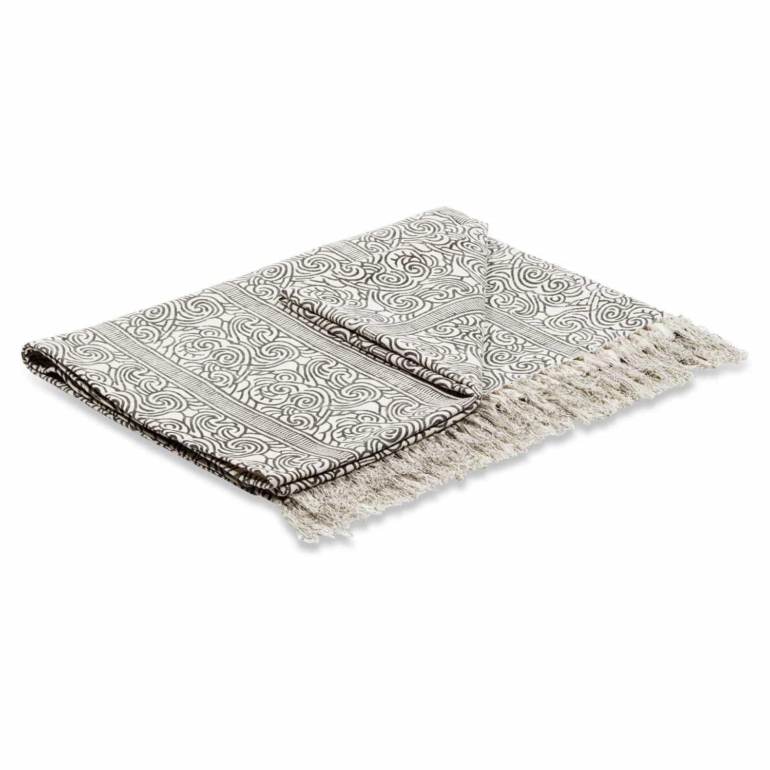 Plaid Ensis Witte katoenen deken met zwart patroon en franjes, decoratief textielaccessoire voor interieur