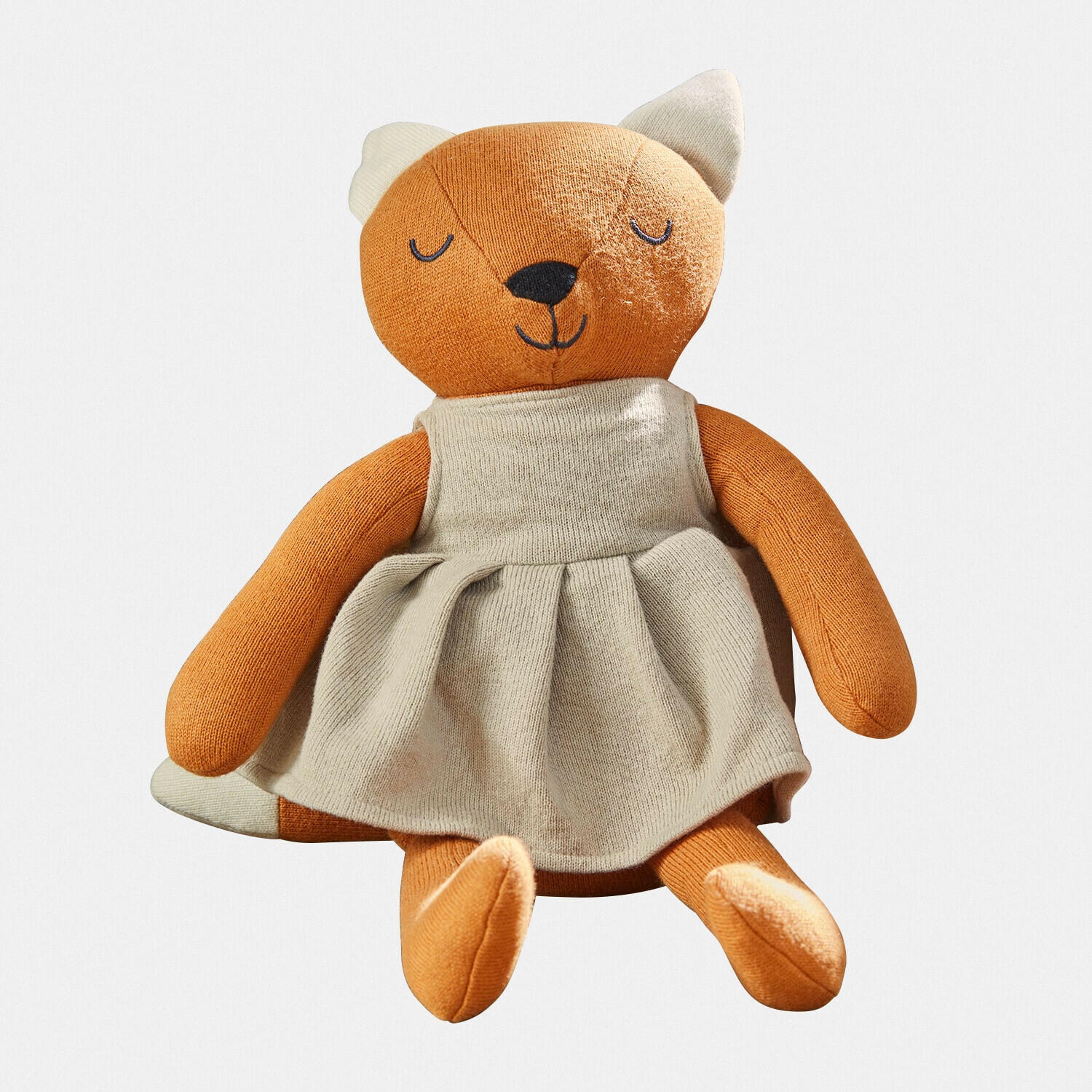 Knuffeltje Fuzzlin Zachte oranje pluche vos in beige gebreide jurk, knuffel voor kinderen