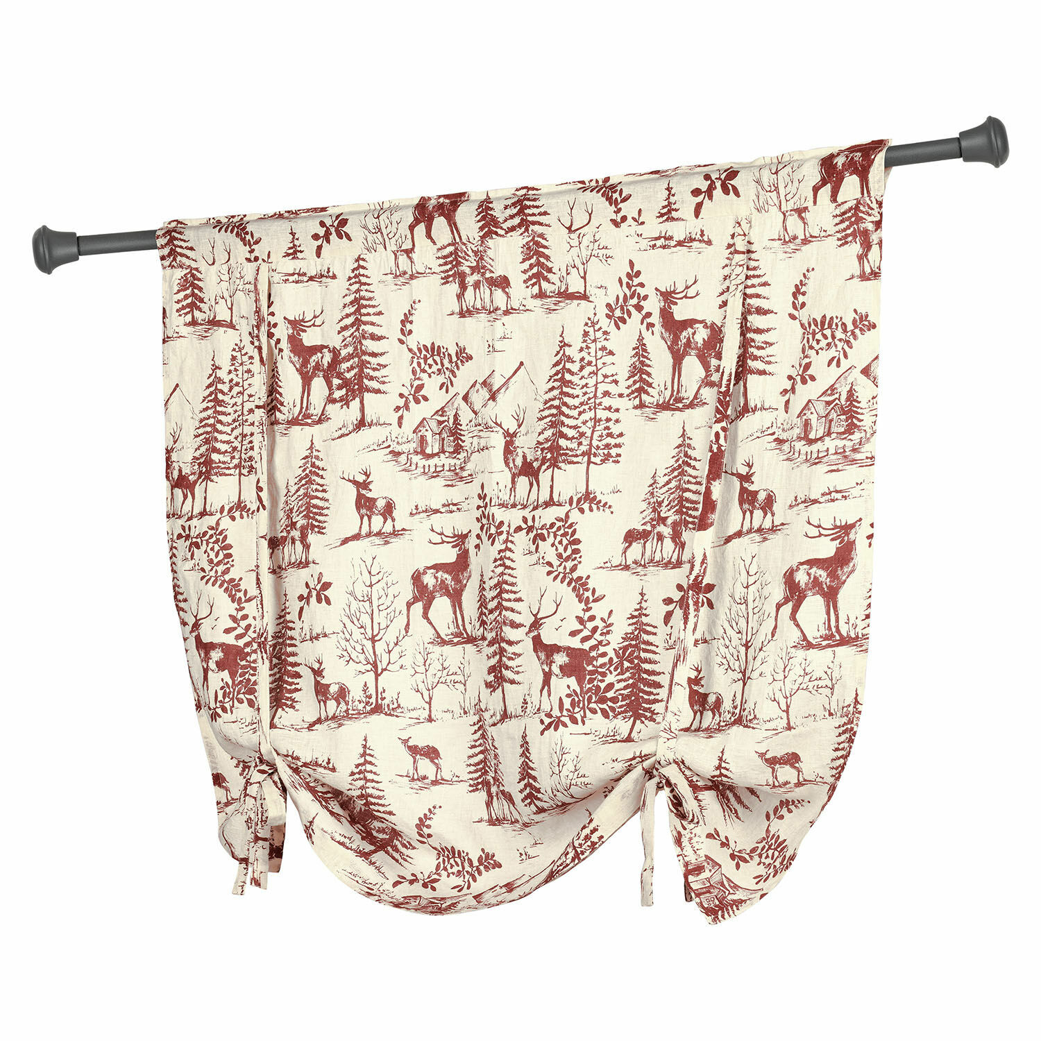 Katoenen gordijn in crème met rood herten- en bosprint, rustieke woondecoratie