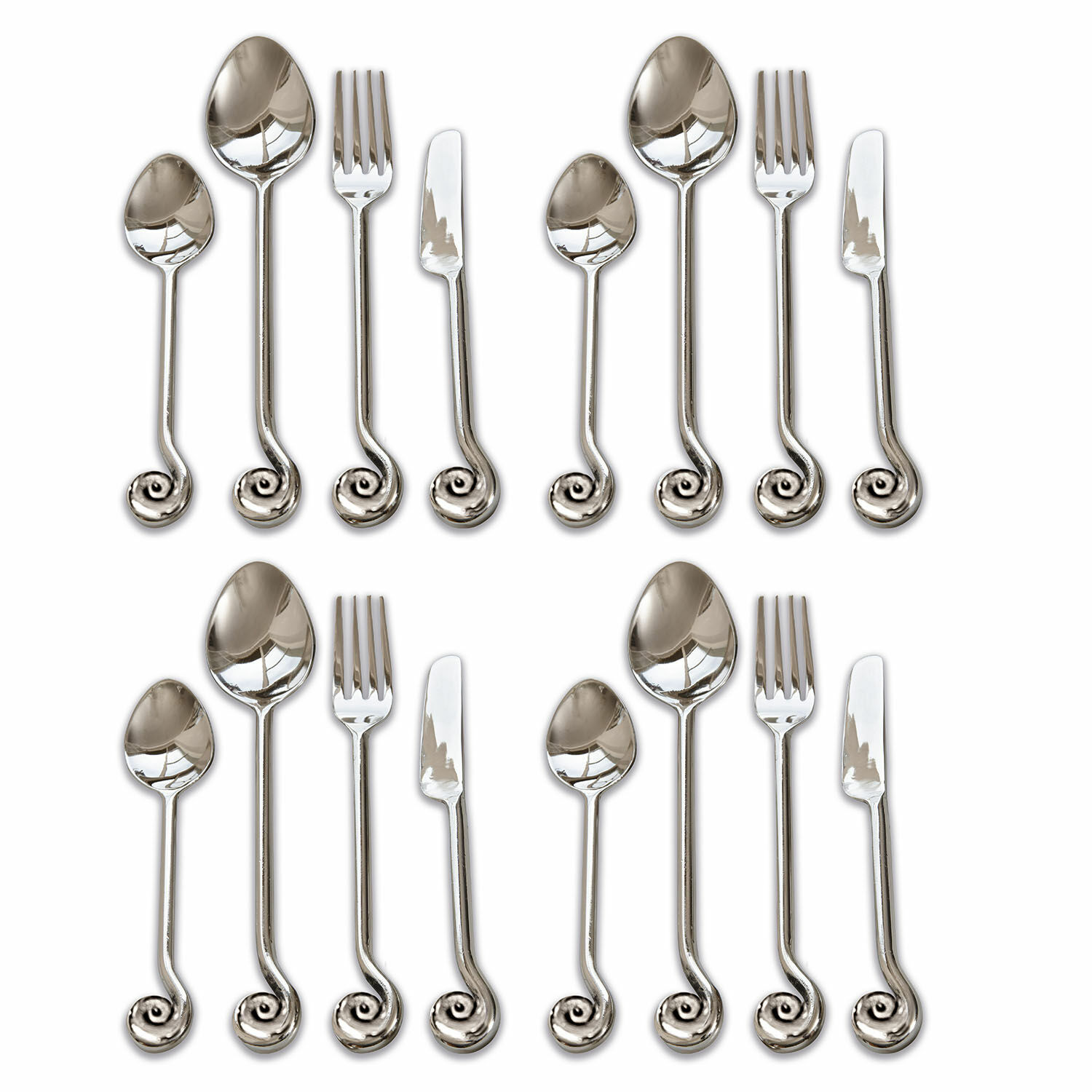 Hadley bestekset van zilverkleurig roestvrij staal met decoratieve spiraalvormige handgreep, 16-delige set