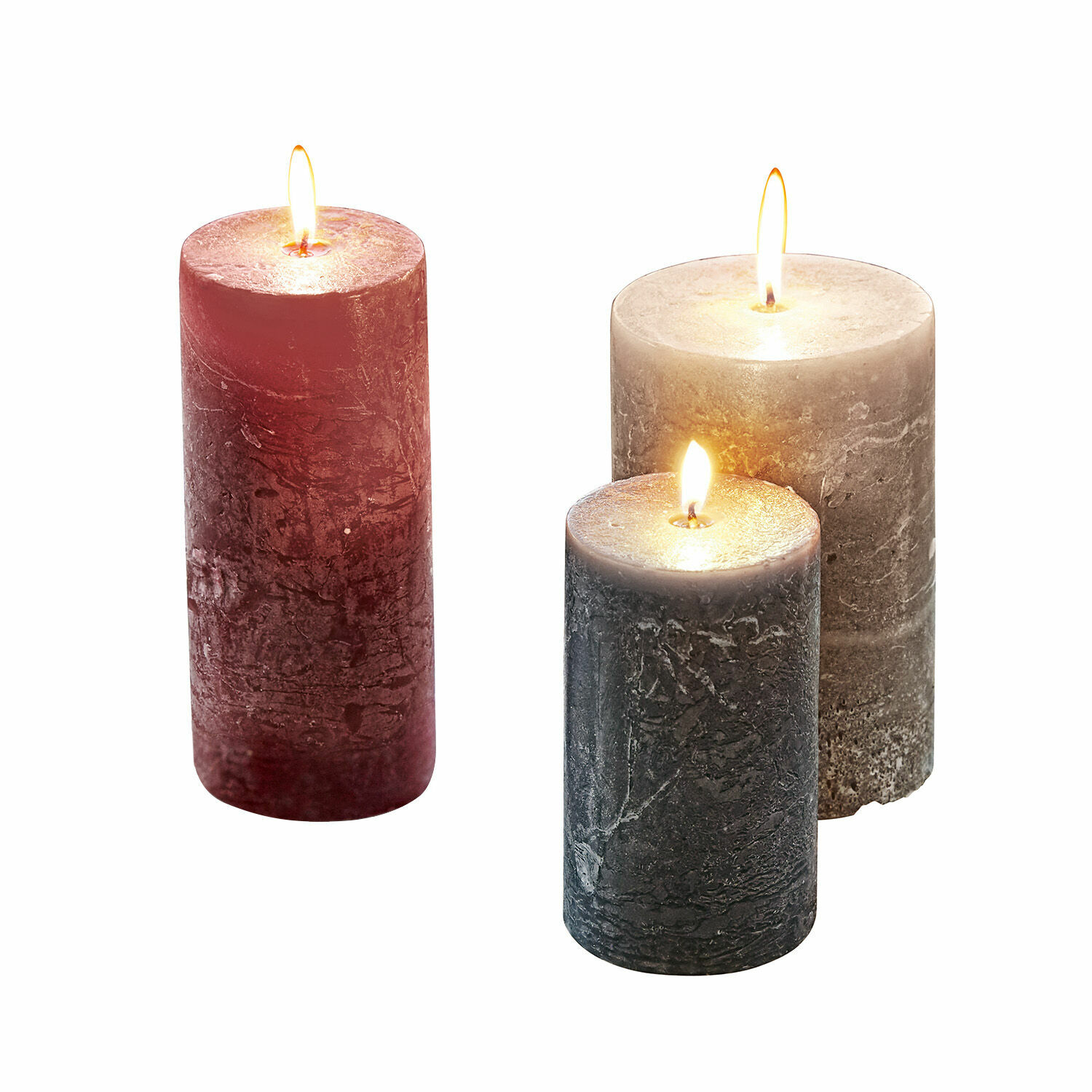 Kaars set van 3 Pretin Set van drie decoratieve kaarsen in rood, grijs en zwart met natuurlijke wasstructuur