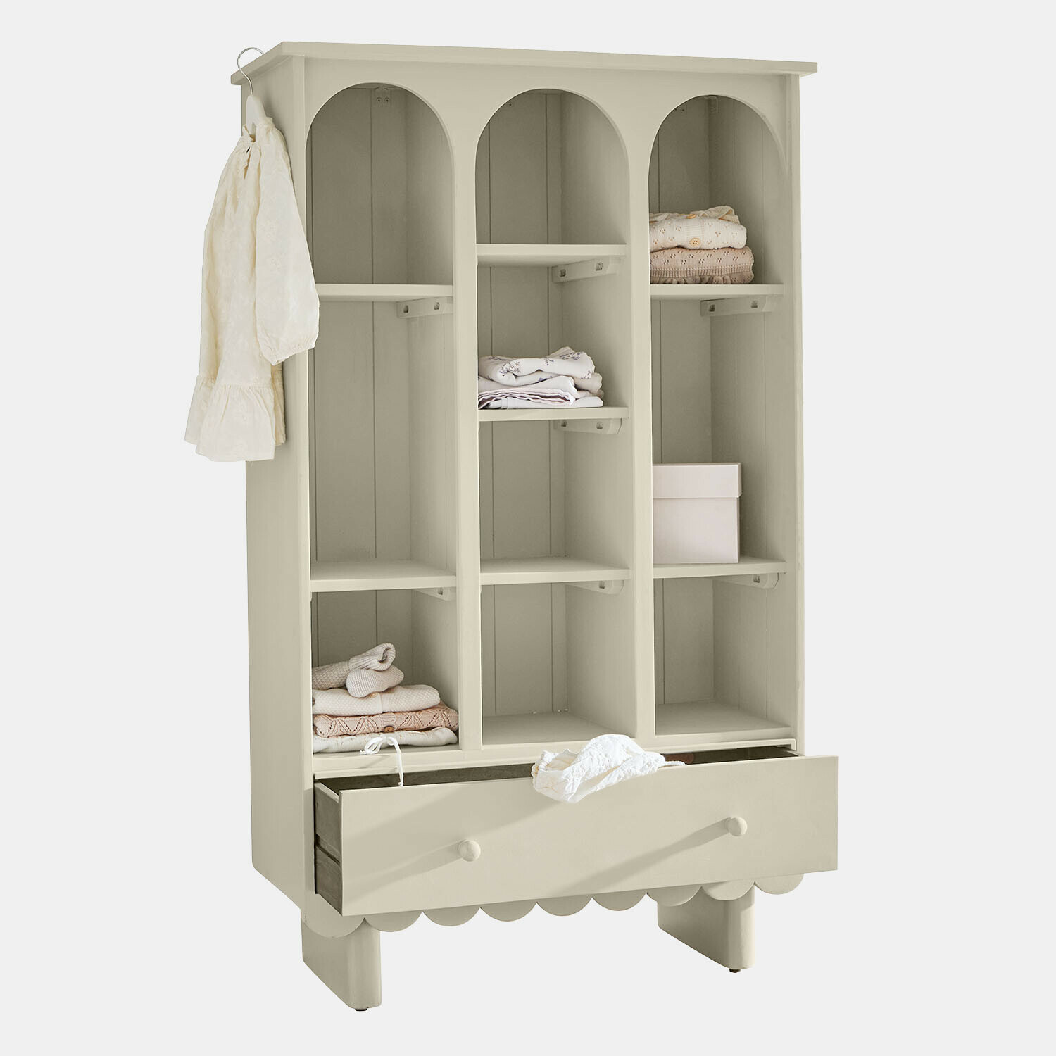 Kast Agliana Beige houten kast met drie vakken en lade, praktisch meubel voor kledingopslag
