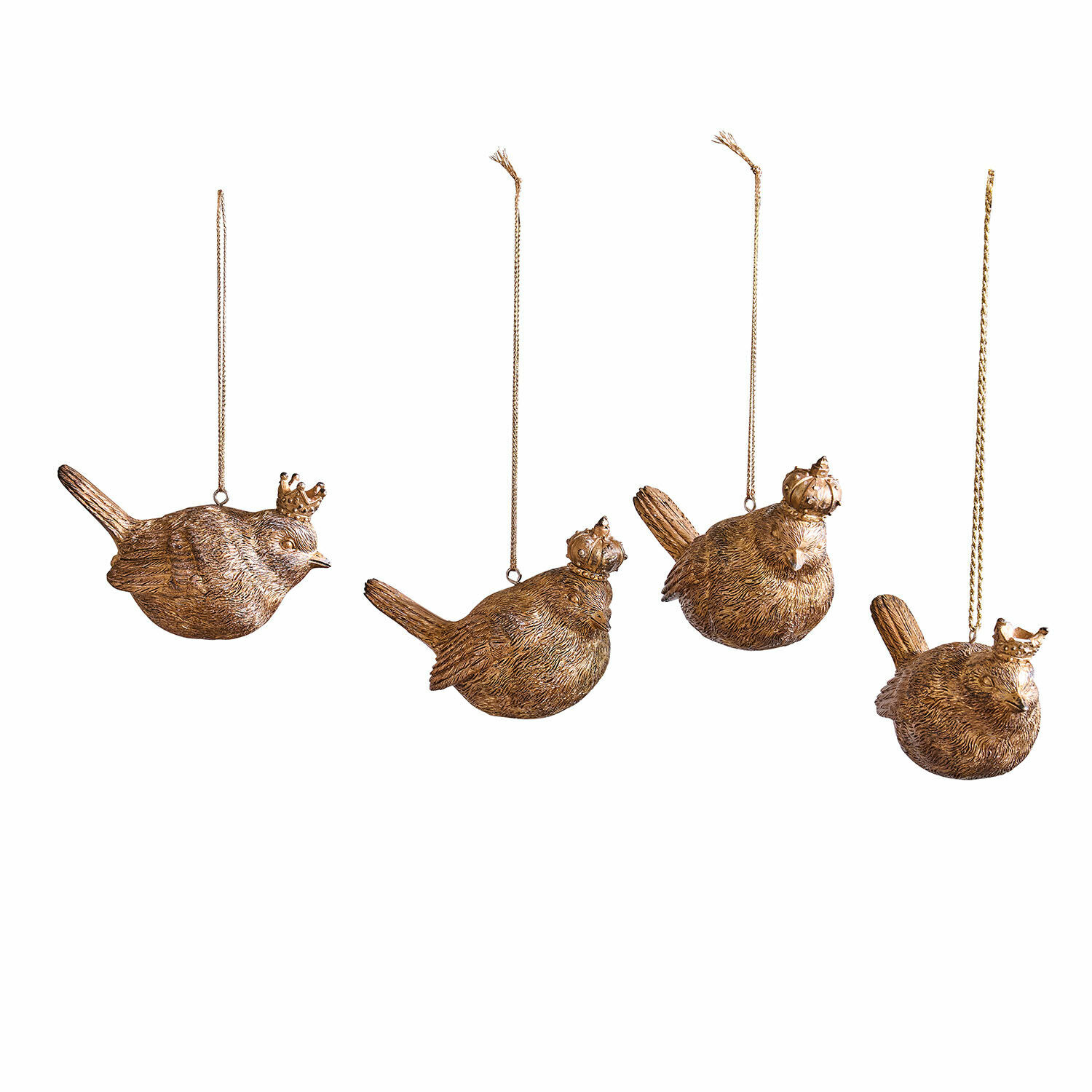 Hanger set van 4 Dottica Set van vier gouden vogelhangers met kroontjes, metalen kerstversiering om op te hangen
