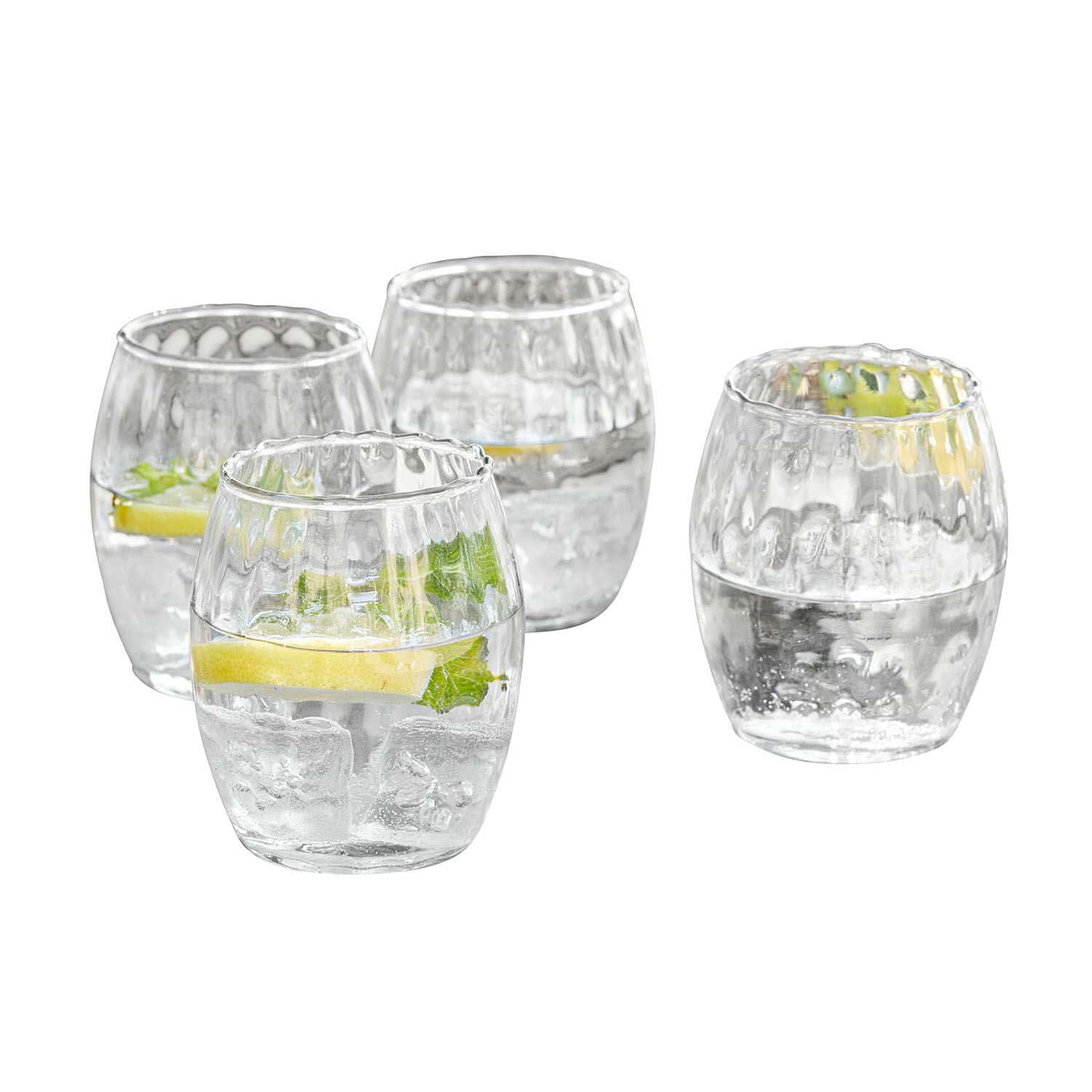 Glas set van 4 Bourgavin Set van vier transparante, getextureerde glazen gevuld met water, citroen en munt