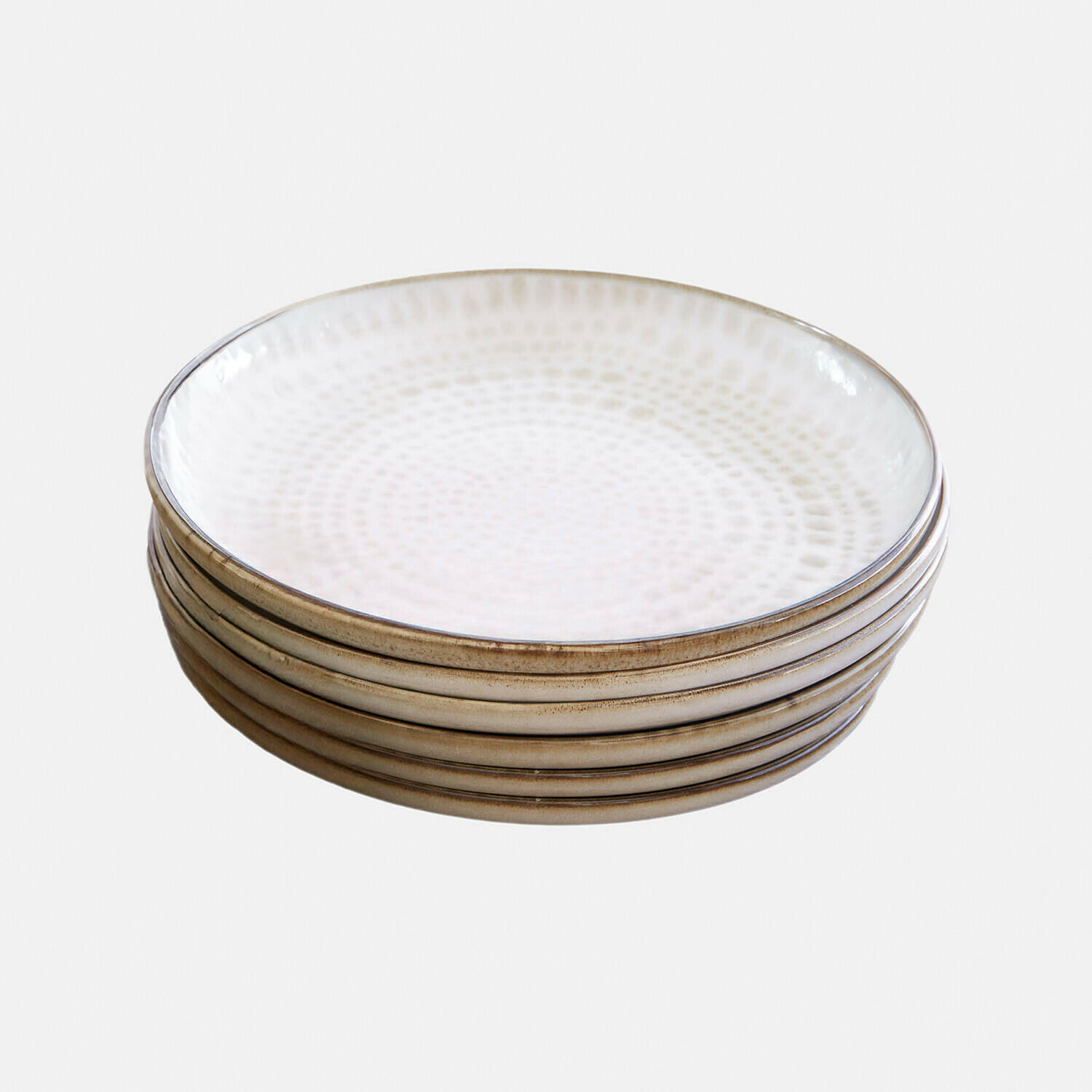 Bord set van 6 Marnis Set van zes keramische borden in beige-wit met subtiel patroon, geschikt voor het serveren van gerechten