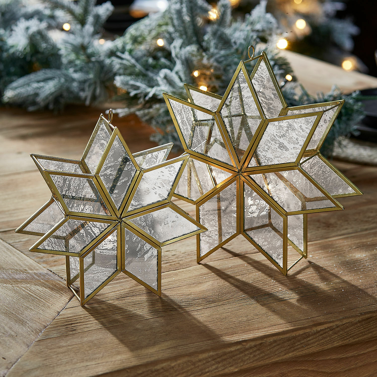 Kaarsenhouder set van 2 Zaydan Decoratieve sterren van messing en glas met verouderd spiegel effect voor kersttafel decoratie