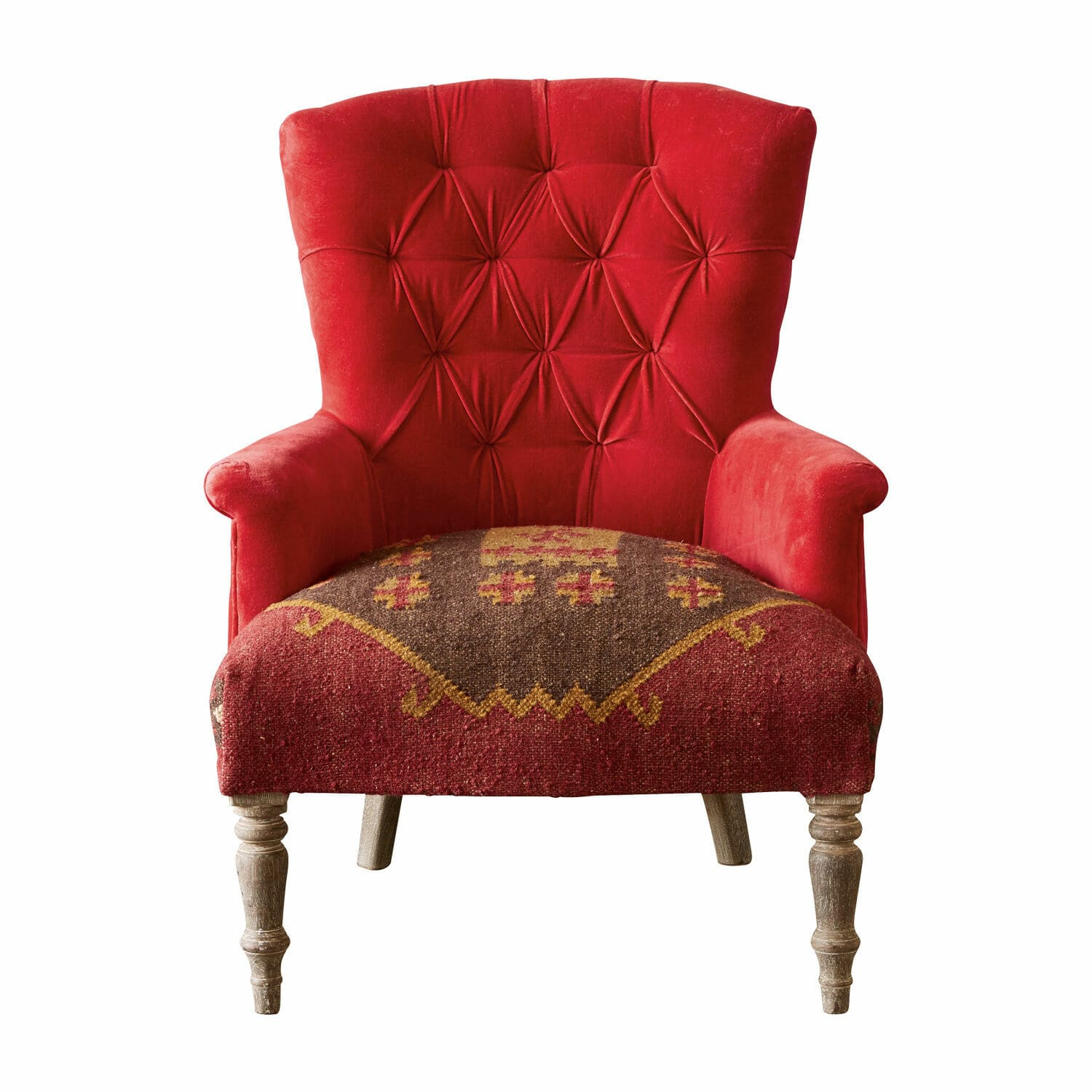 Rode Hinsdale fauteuil van fluweel met decoratief patroon op de zitting en houten poten